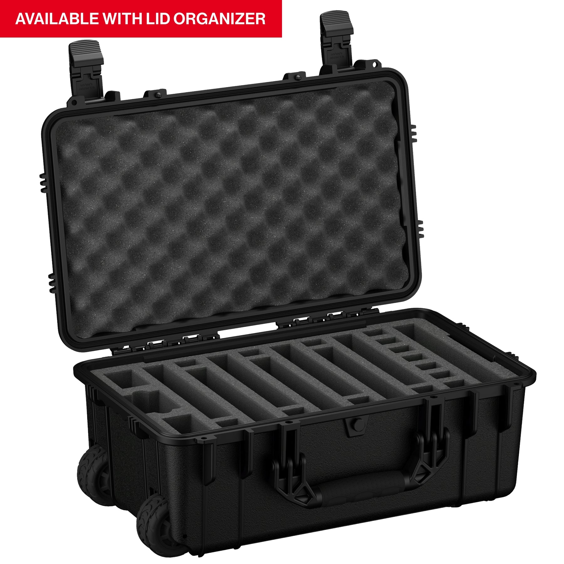 Durable 22-inch hard case with foam interior, designed to securely hold up to seven pistols during transport.