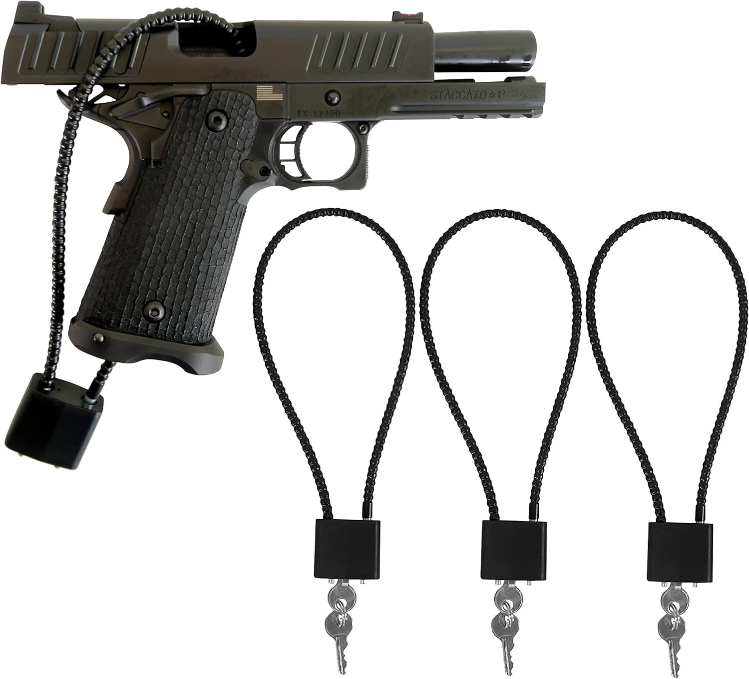 Set of three keyed 15" cable gun locks with keys, designed for securing firearms with flexible, coiled cables.