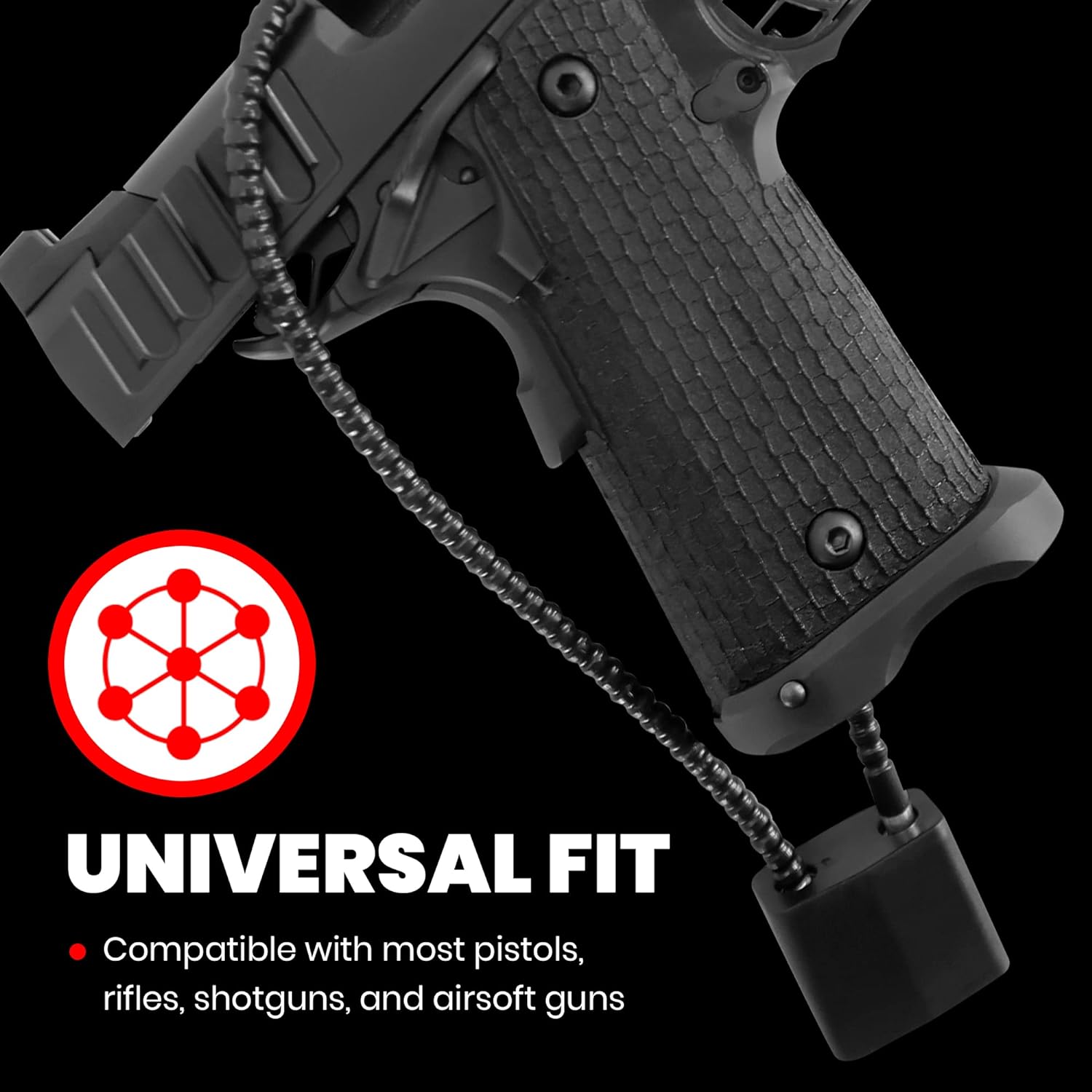 Three keyed 15" cable gun locks with textured grips, designed for universal fit on pistols, rifles, shotguns, and airsoft guns.