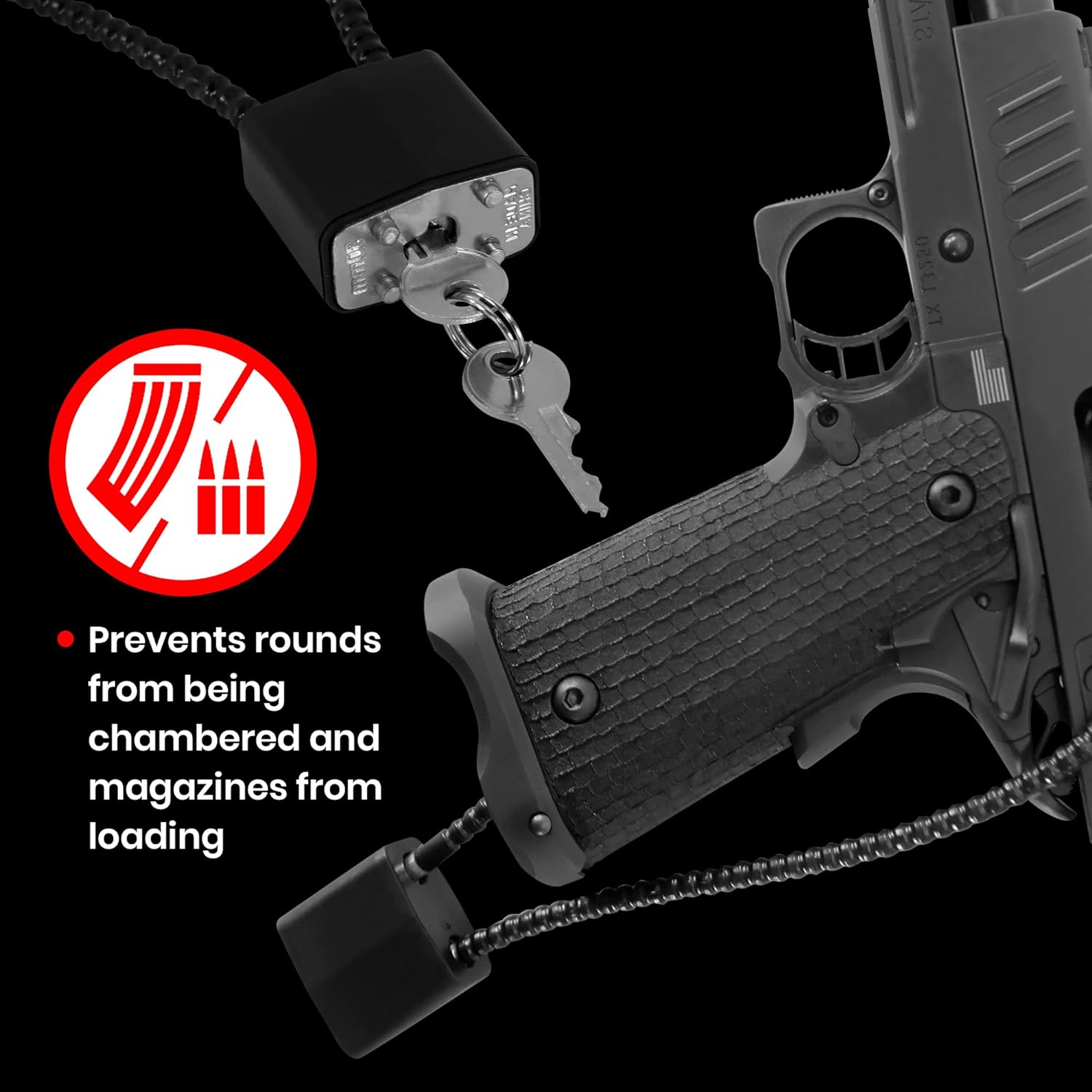 Set of three keyed 15" cable gun locks with keys, designed to prevent rounds from being chambered and magazines from loading.