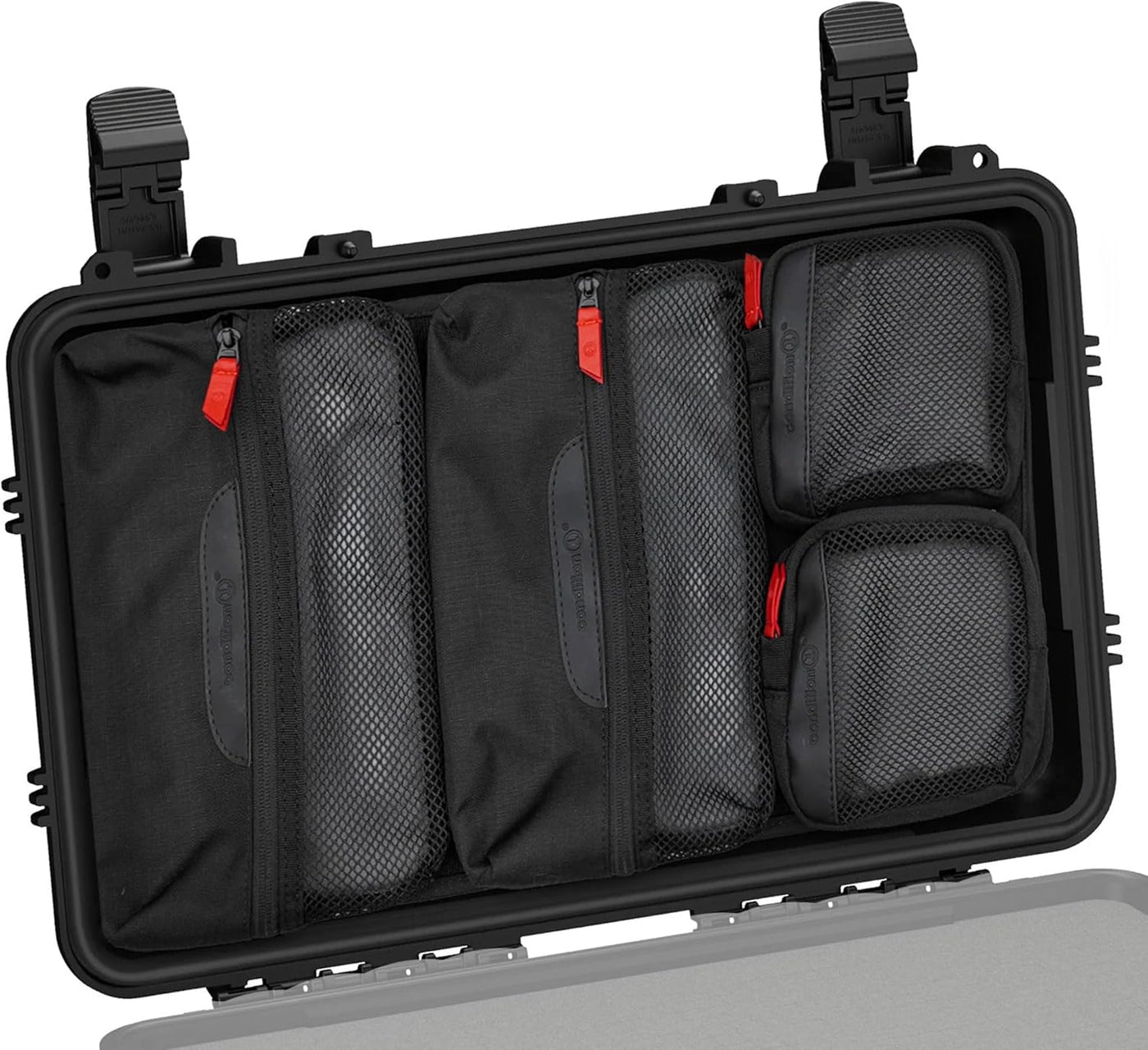 Black lid organizer with multiple zippered mesh compartments inside a #300 case, designed for efficient storage and organization.