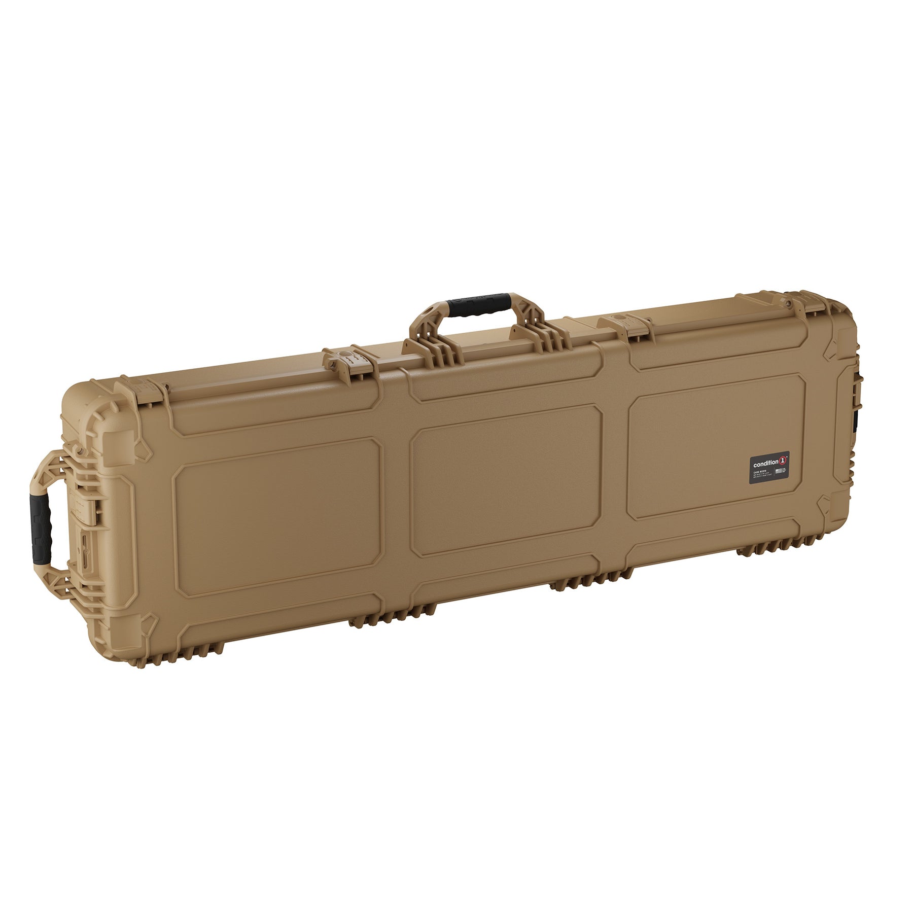 Durable 59-inch long hard case in tan, designed for waterproof and dustproof protection of gear during transport.