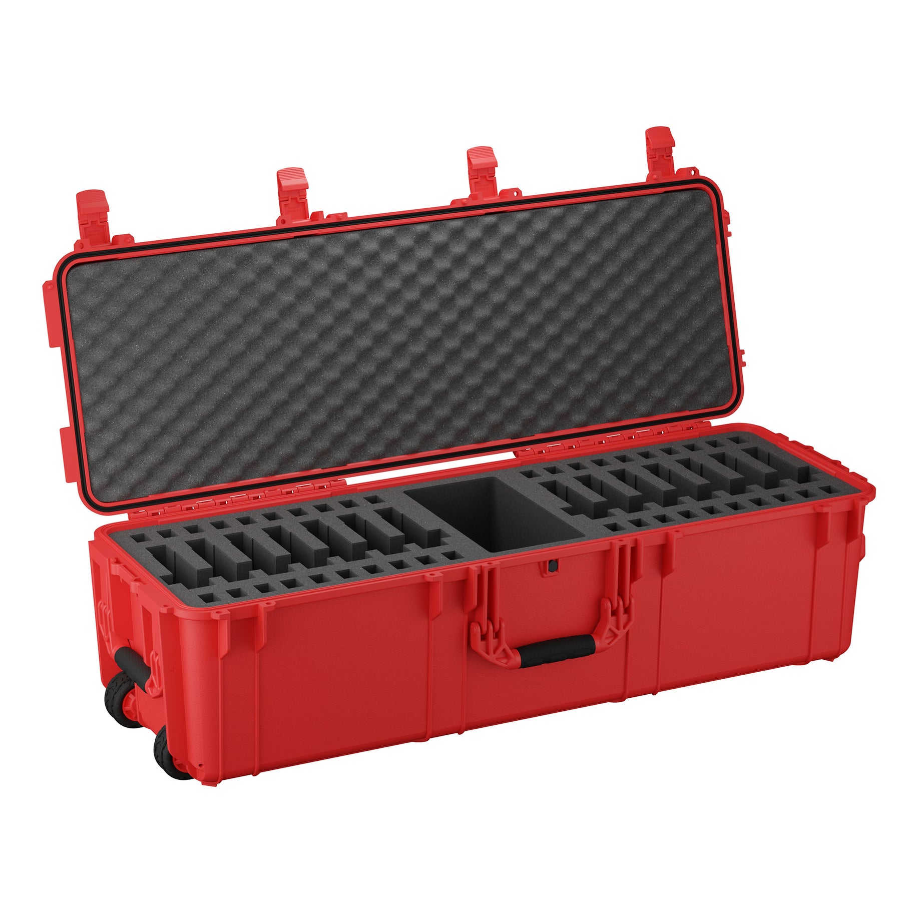 Red 45-inch pistol storage trunk with foam interior and adjustable compartments for organizing firearms.
