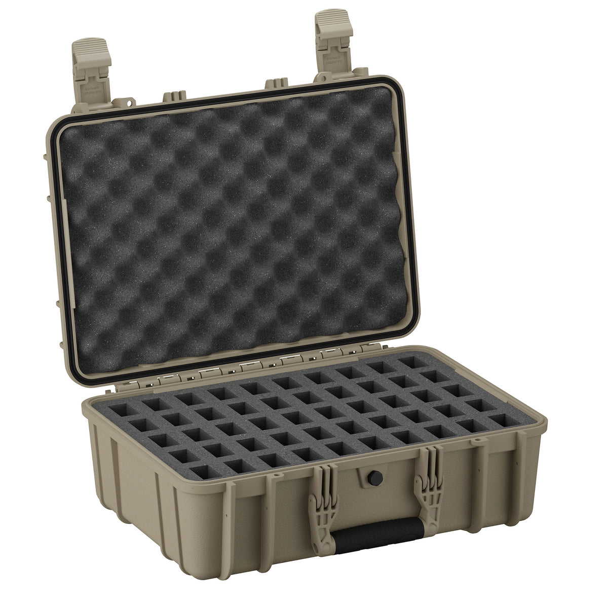 Alt text: "Open 18-inch military green 50 Mag Case #801 displaying foam grid inserts for magazine storage and a foam-lined lid, designed for secure and organized storage of ammunition or other sensitive items."