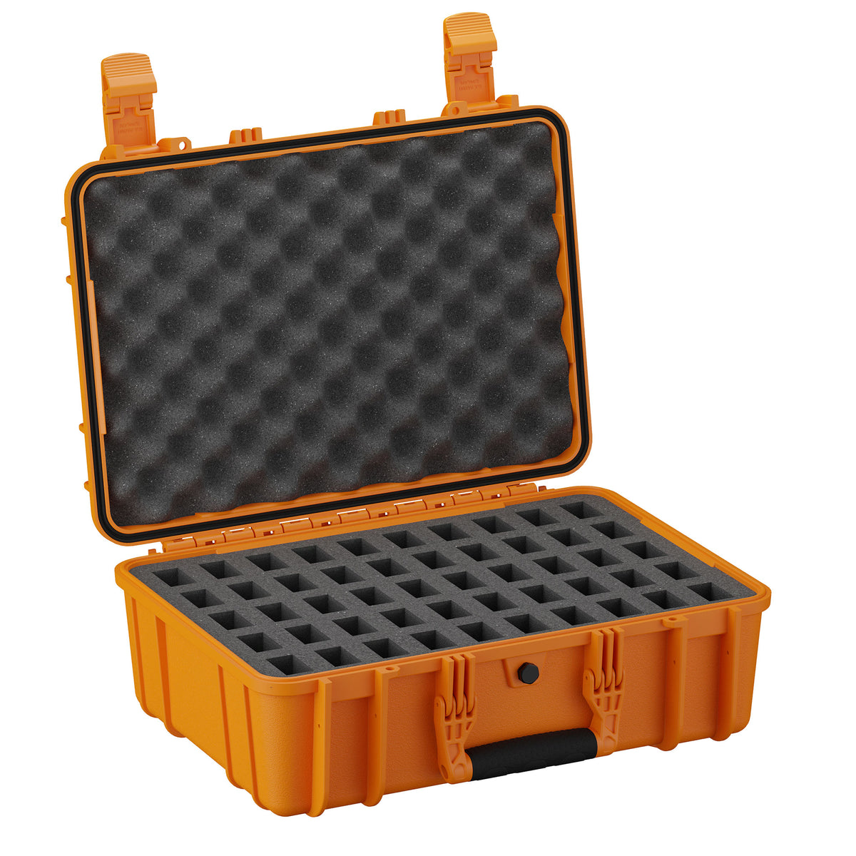 Orange 18-inch hard case with foam interior and secure clasps, designed for storing and protecting magazines, model #801.