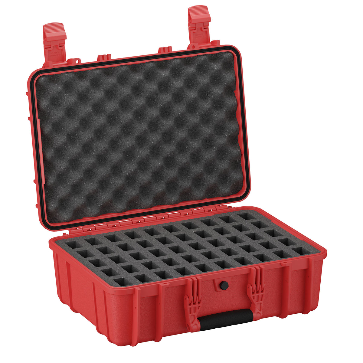 Red protective hard case, model 18" 50 Mag Case #801, open to display customizable foam inserts and black foam padding on the inner lid.