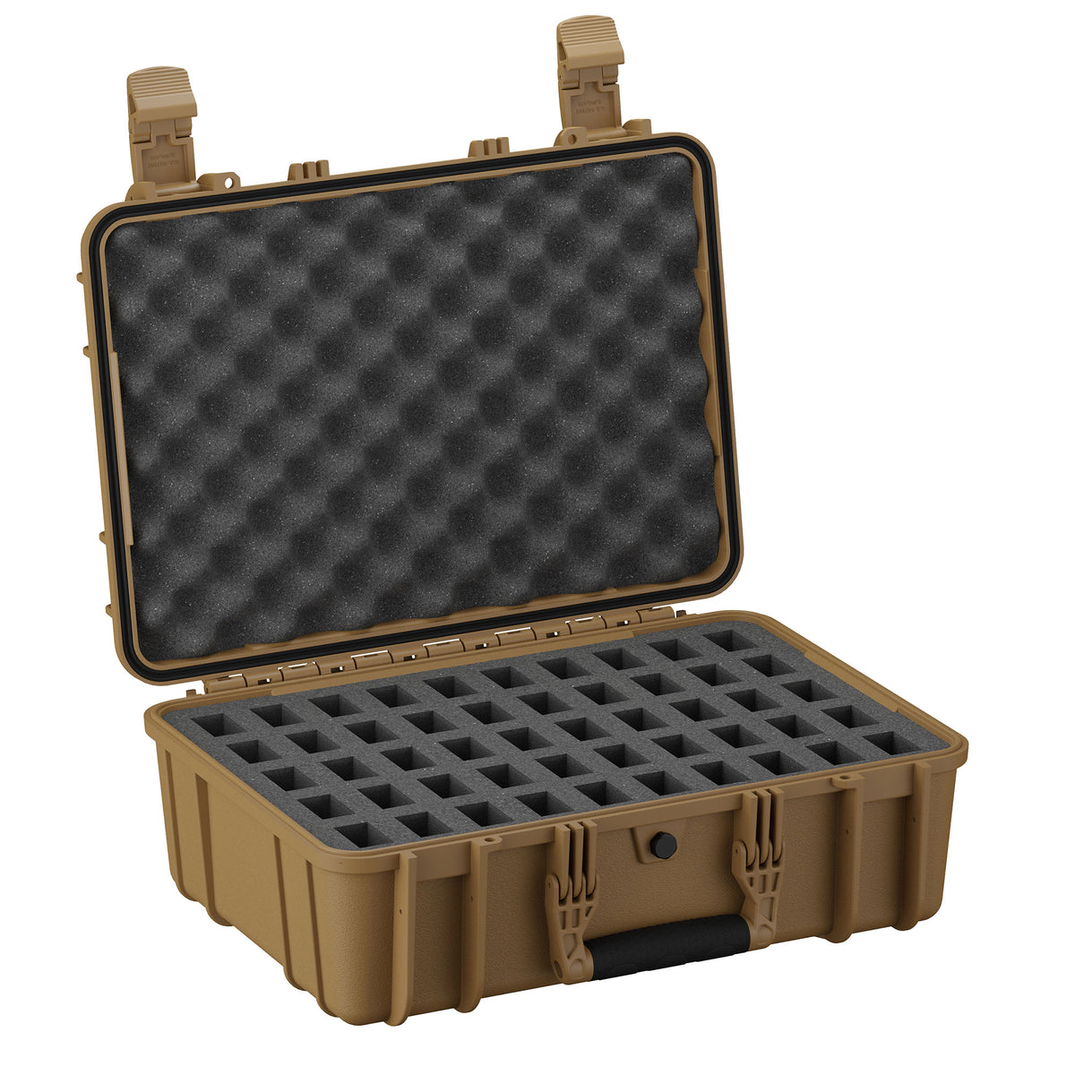 Alt text: "Open 18-inch 50 Magazine Case #801 in tan color, featuring a rugged exterior and custom-cut grid foam interior for secure storage, with sturdy dual latches and a padded upper lid."