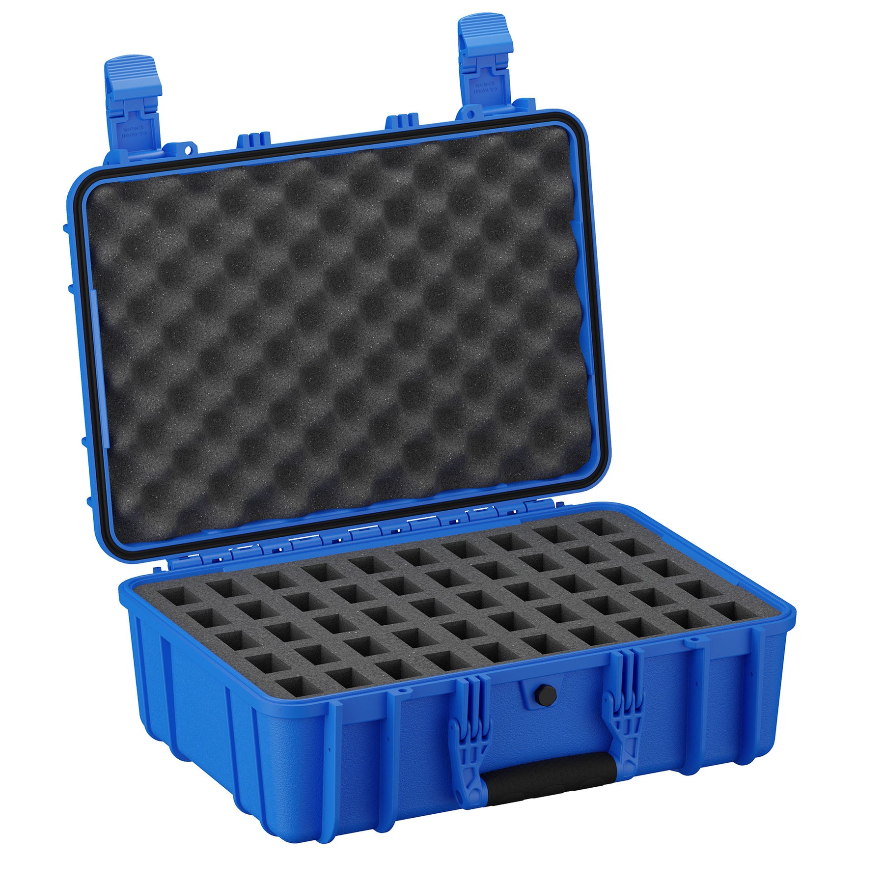 Blue 18-inch protective magazine case with customizable foam inserts and sturdy clasps open on a white background.