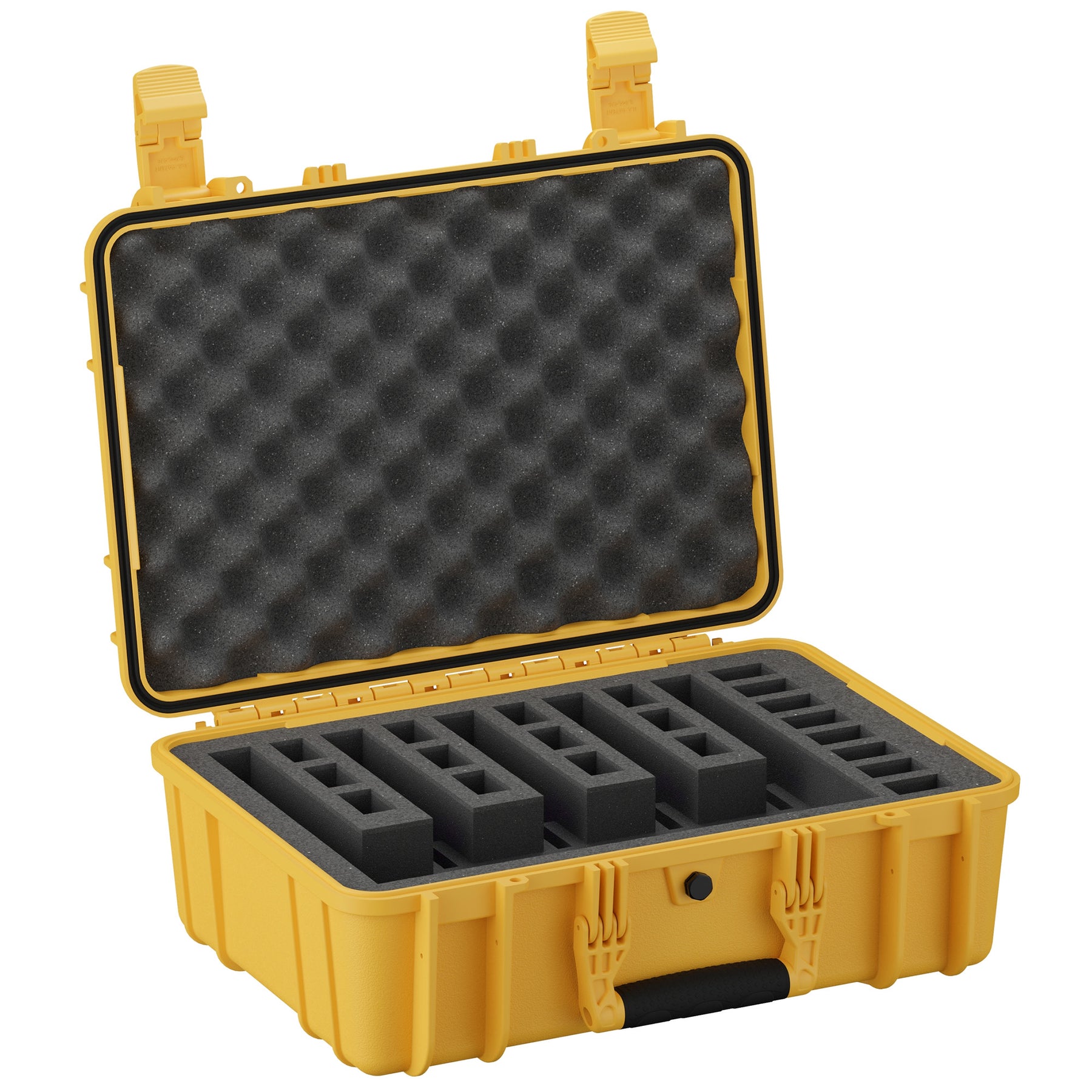 Yellow 18-inch pistol case with foam interior and adjustable compartments for storing five pistols securely.