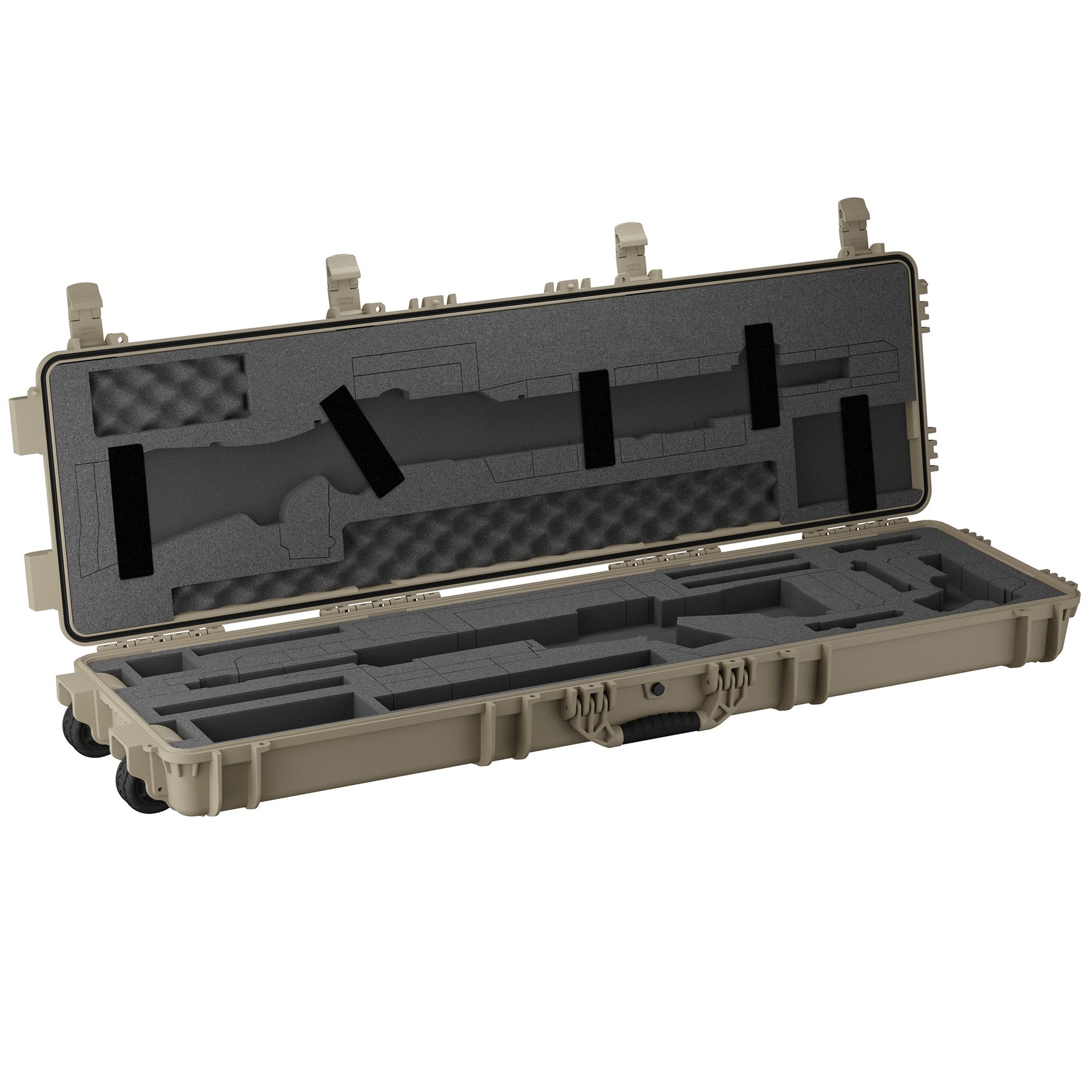 55" tan hard gun case with foam interior, designed to hold three firearms securely for transport and storage.