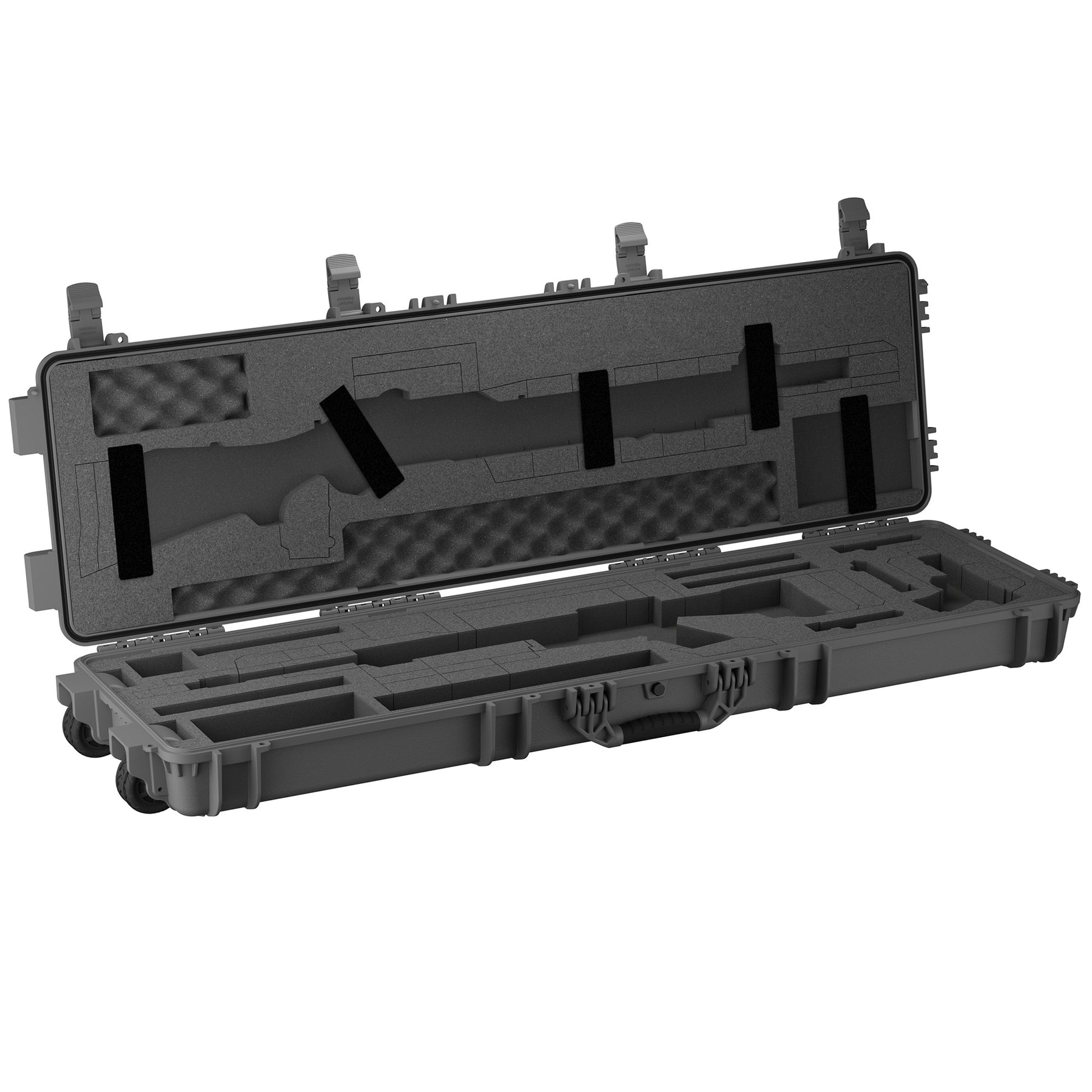 Open 55" gun case with foam padding and compartments, designed to securely store and transport three firearms.