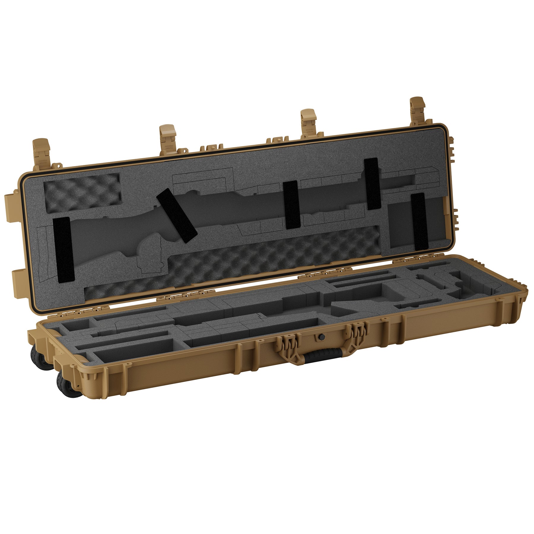 Open tan 55-inch gun case with foam interior, designed to hold three rifles securely for transport and storage.