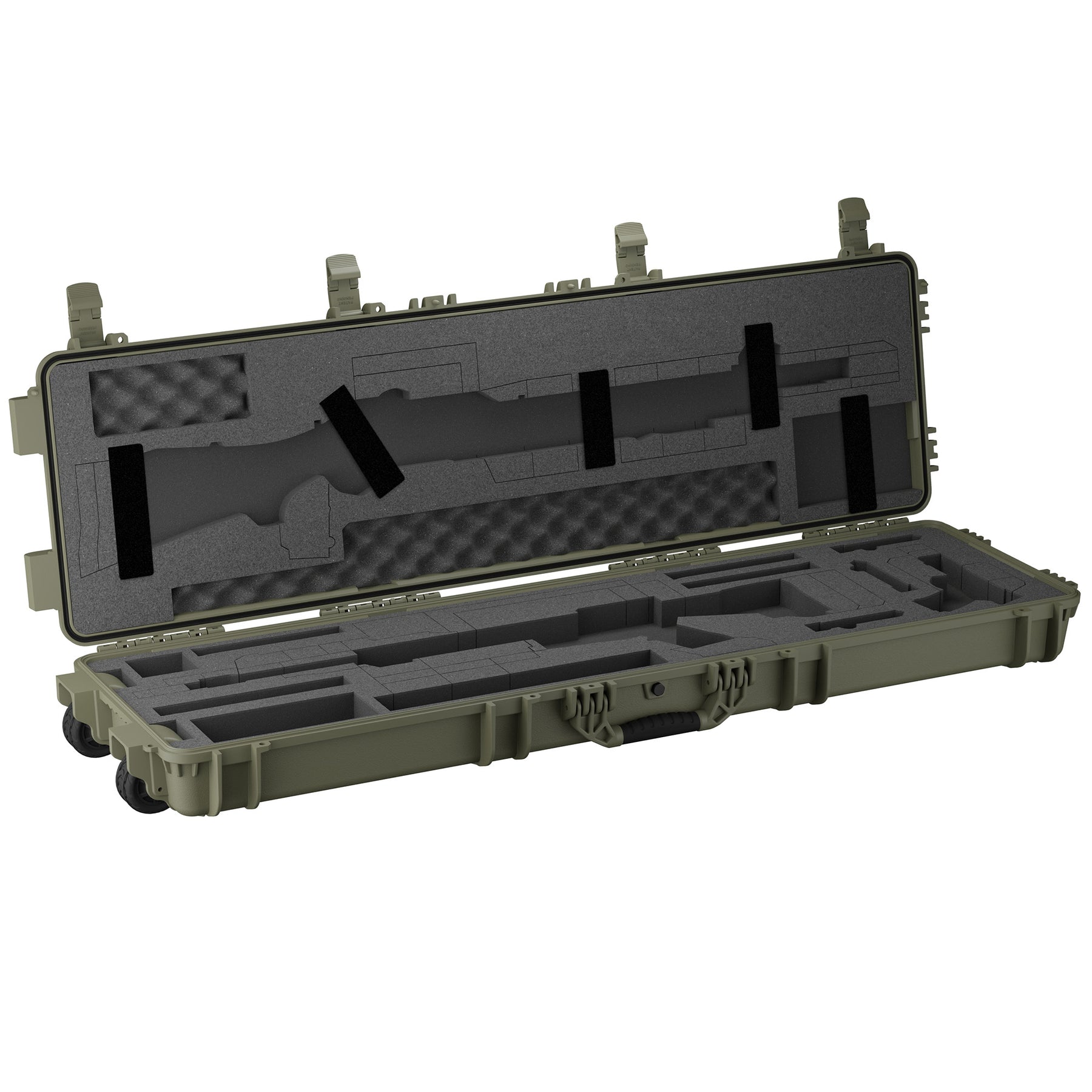 Open green 55" 3-gun case with foam padding and compartments for rifles and accessories.