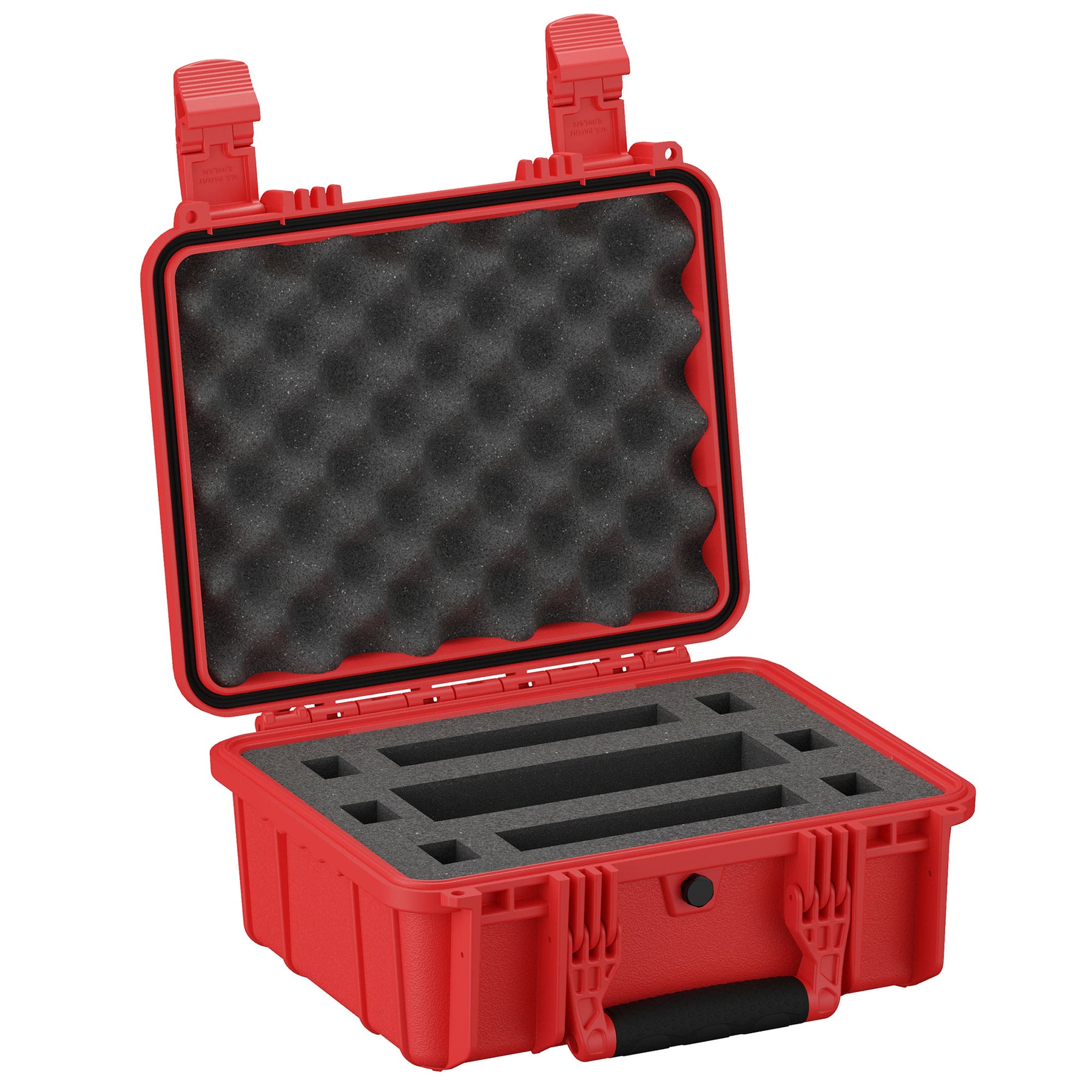 Red hard-shell 14-inch gun case with custom foam inserts and dual snap latches, open to reveal interior detail.