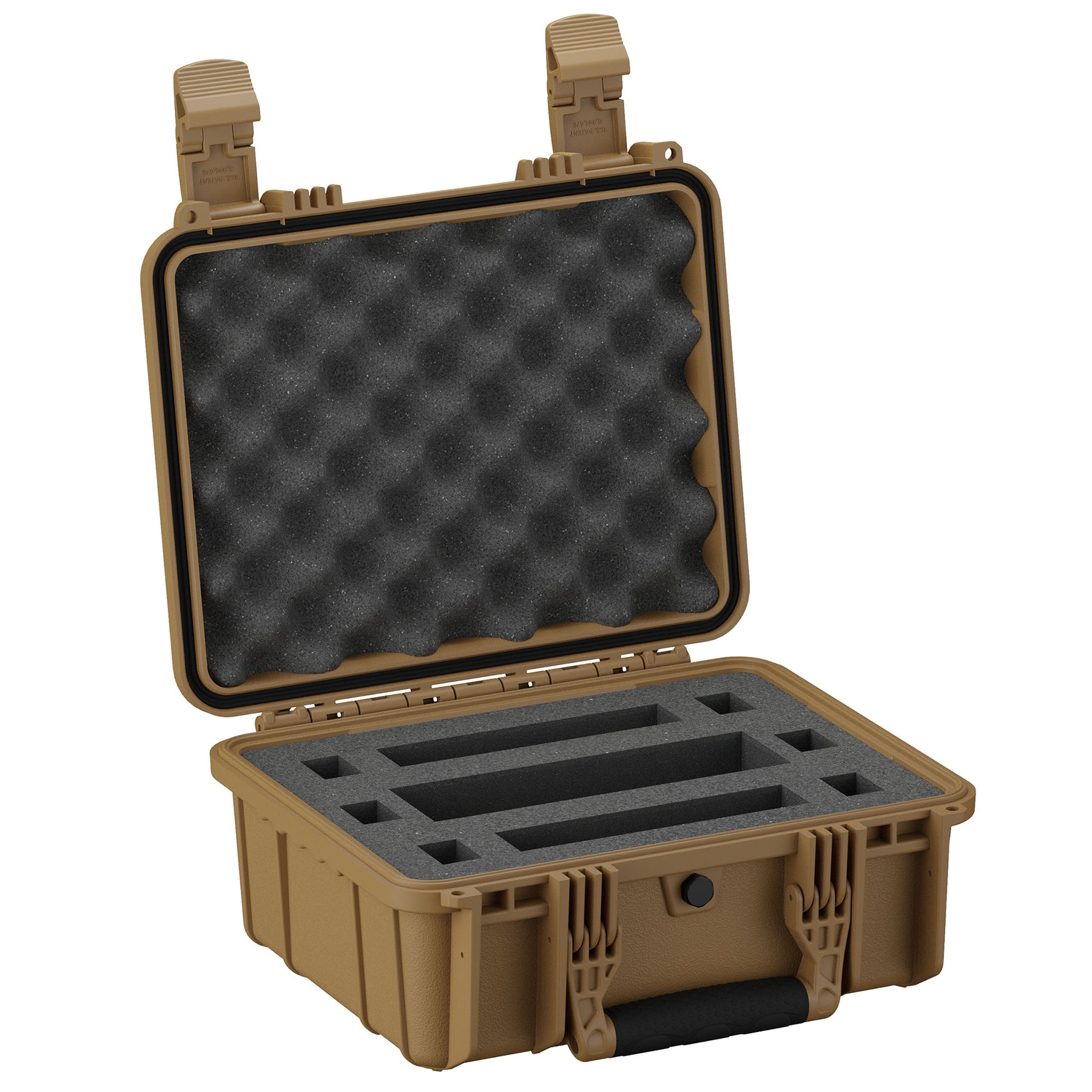 Tan 14-inch heavy-duty micro gun case with customizable foam inserts and dual locking latches, open to show interior.