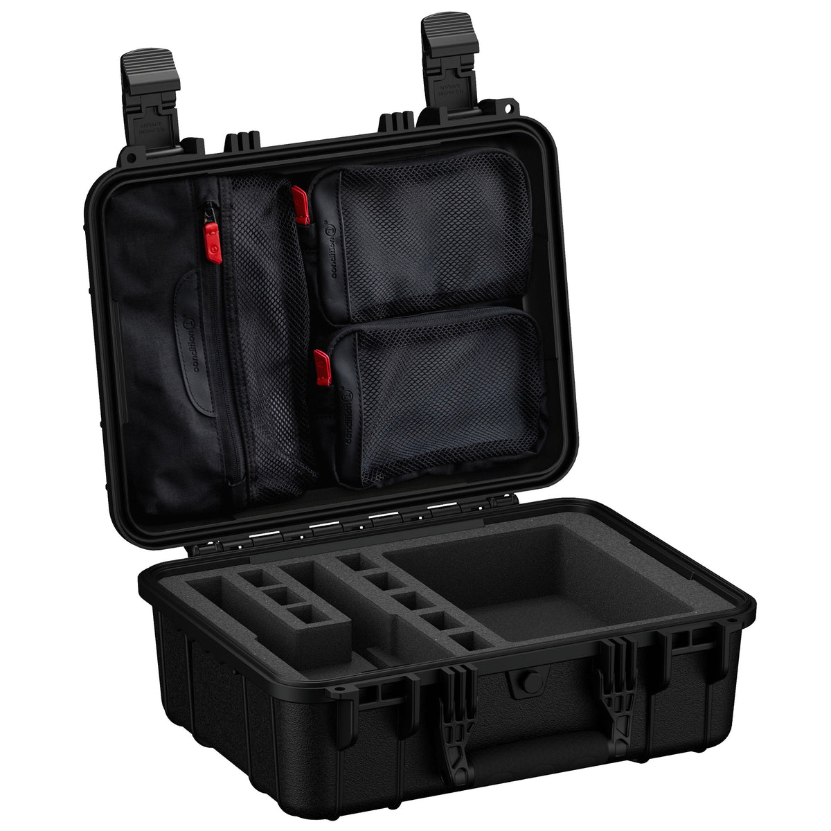 Durable 16-inch hard case designed for two pistols, featuring customizable foam and organized storage compartments.