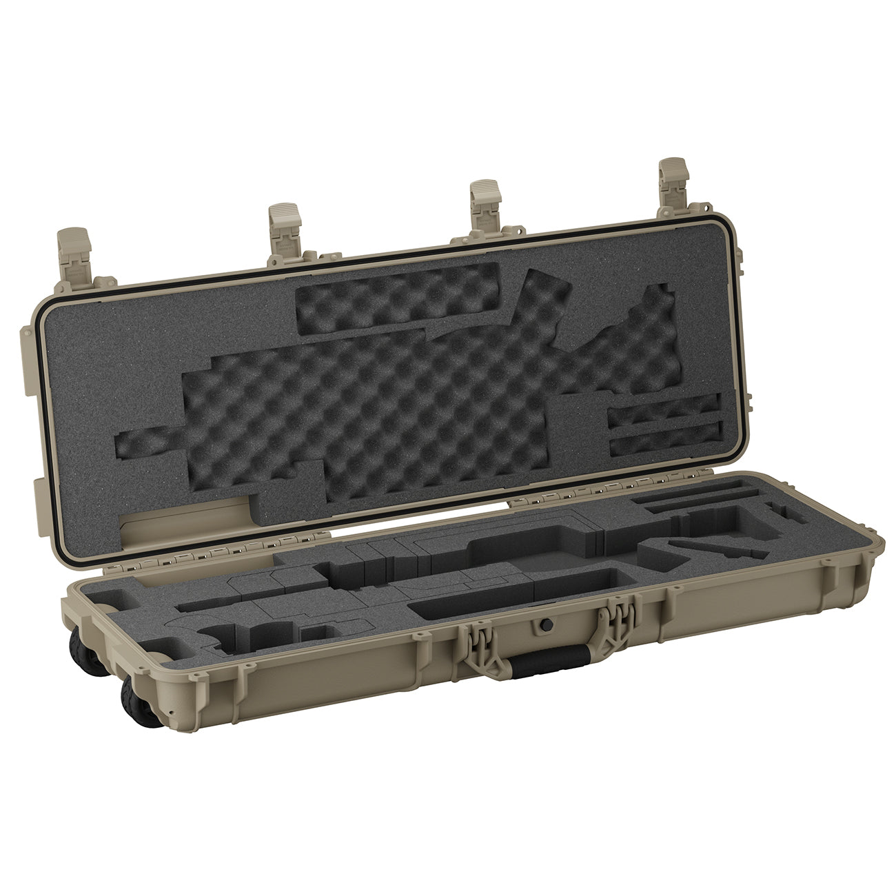 Open 45" AR15 rifle case with foam padding and custom compartments for secure firearm storage and transport.