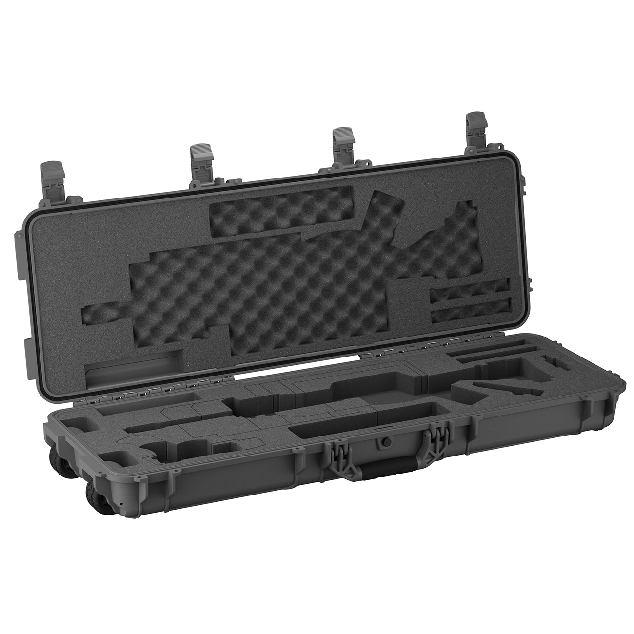 Open 45-inch AR15 rifle case with foam padding and custom compartments for secure firearm storage.