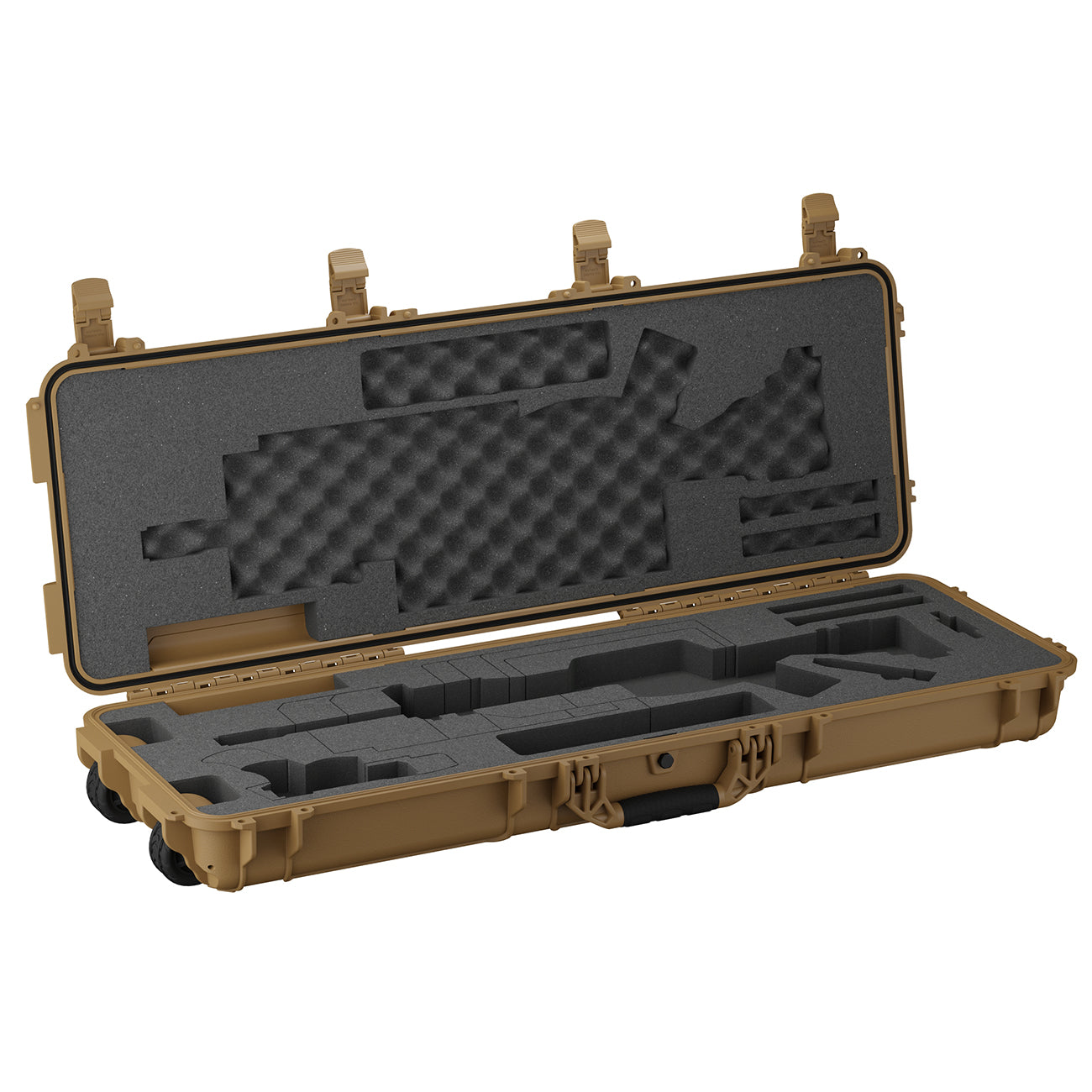 Tan hard-shell 45" AR15 rifle case with foam padding and custom compartments for secure firearm storage.