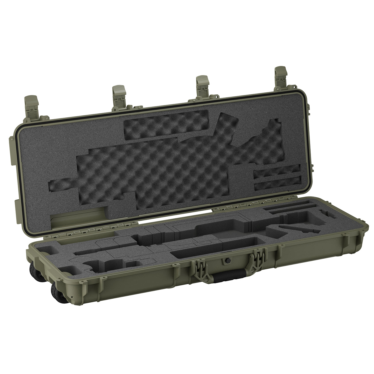 Open green 45" AR15 case with foam padding and custom compartments for firearm storage and accessories.