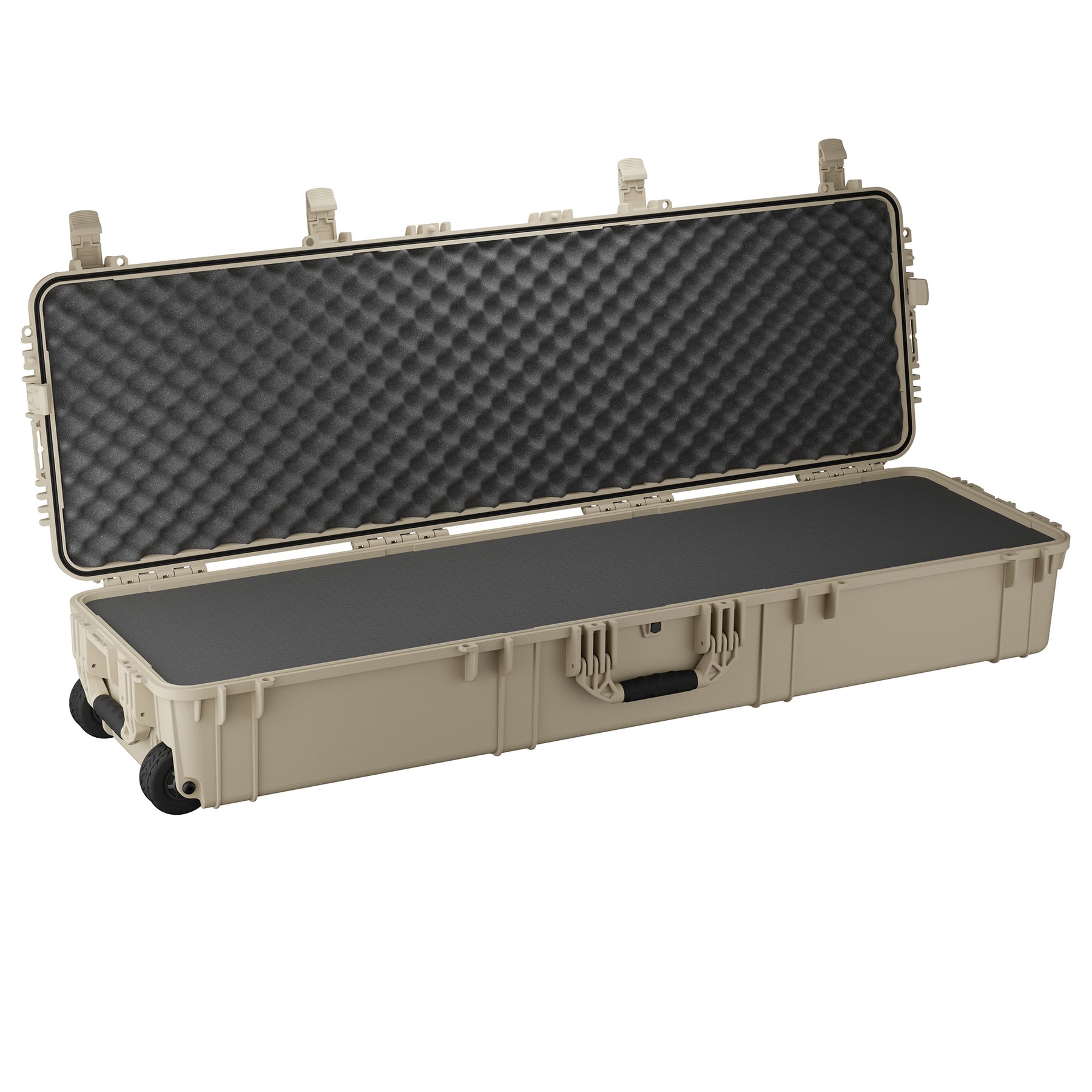 Durable 59-inch long hard case with a waterproof design, foam interior, and wheels for easy transport. Ideal for gear protection.