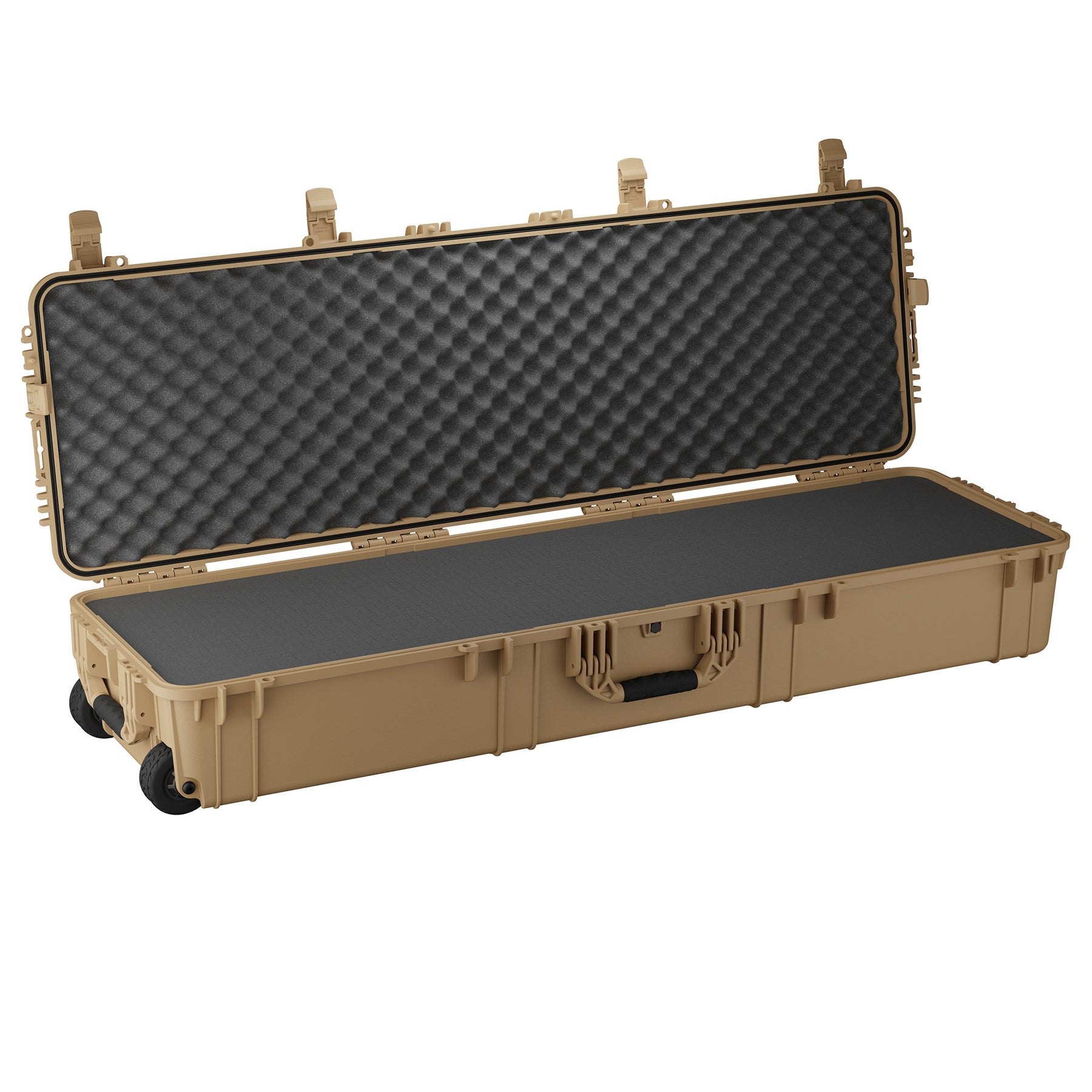 Durable 59-inch hard case with a waterproof design, foam interior, and wheels for easy transport and storage.