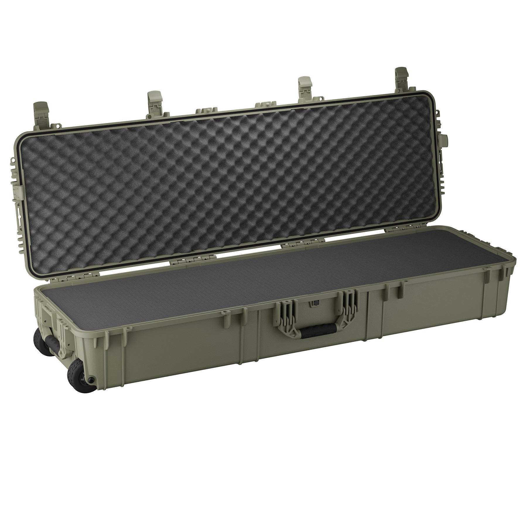 59-inch long hard case with a rugged design, featuring a foam interior and durable wheels for easy transport.
