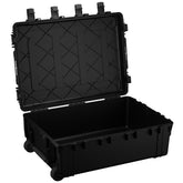 Alt text: "Large black protective case, model #2308, with reinforced corners and multiple locking clasps, shown open with lid standing upright, featuring a robust handle and wheels for mobility."