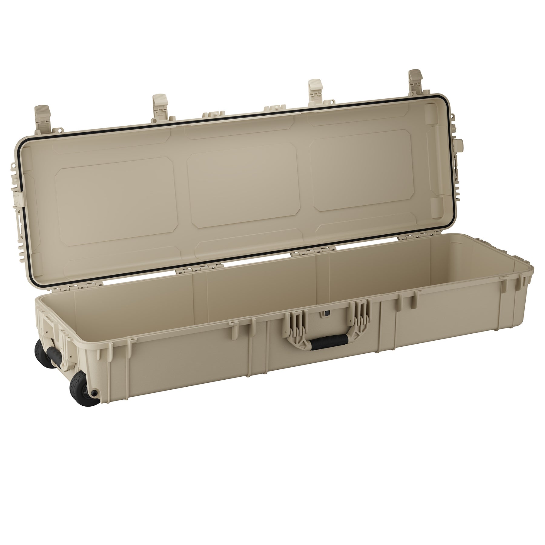 59-inch long hard case with an open lid, featuring durable wheels and secure latches for safe transport of equipment.