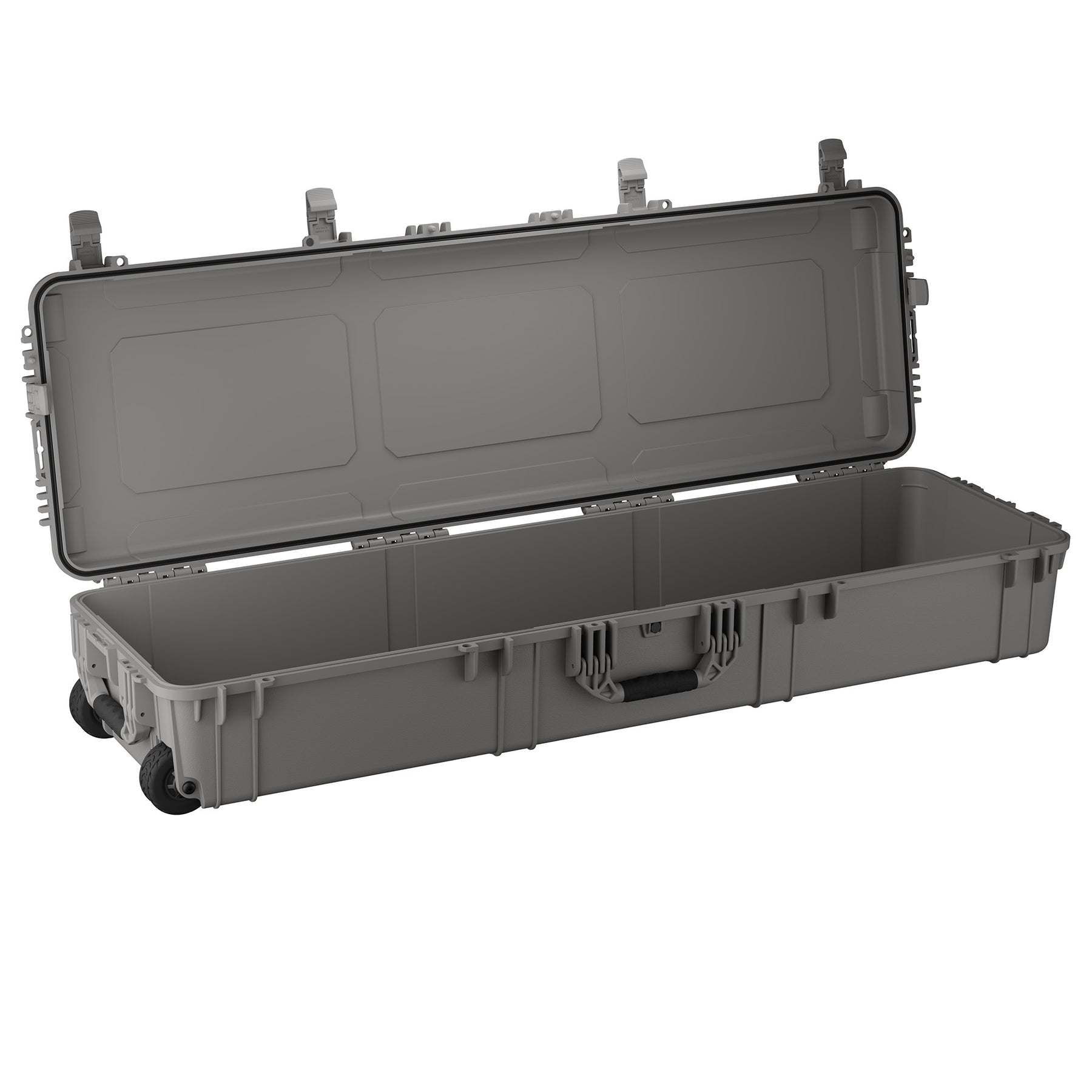 Durable 59-inch long hard case with an open lid, designed for waterproof and dustproof protection of gear.
