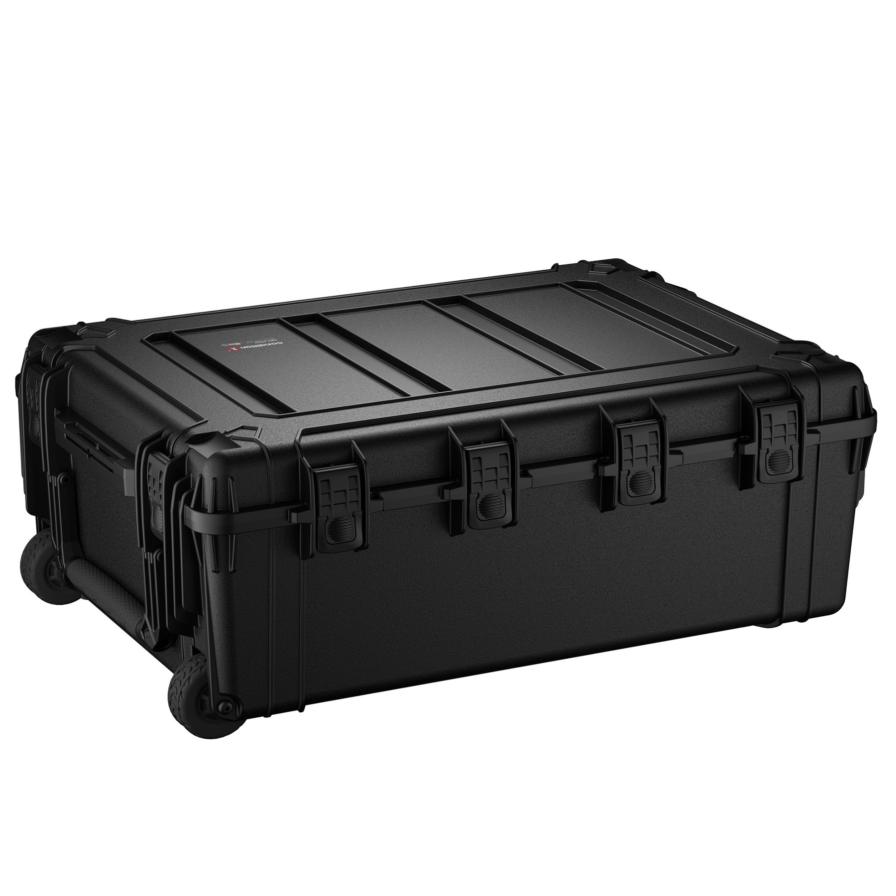 Alt text: "Black 38-inch large protective case with a robust handle and multiple latches, featuring wheels for easy mobility and designed for secure, heavy-duty storage and transport."