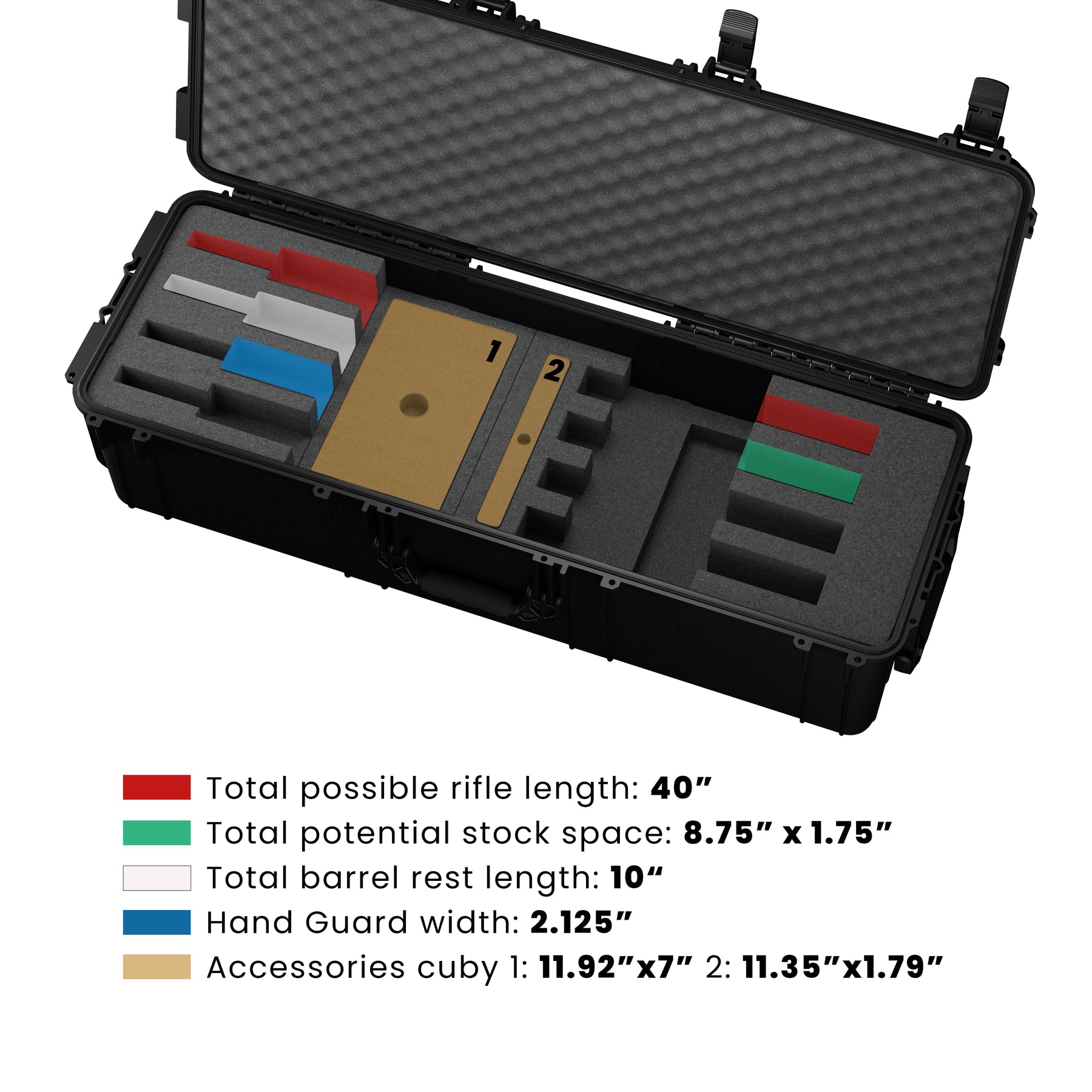 45-inch hard case interior showing compartments for four rifles, accessories, and padding for secure storage.