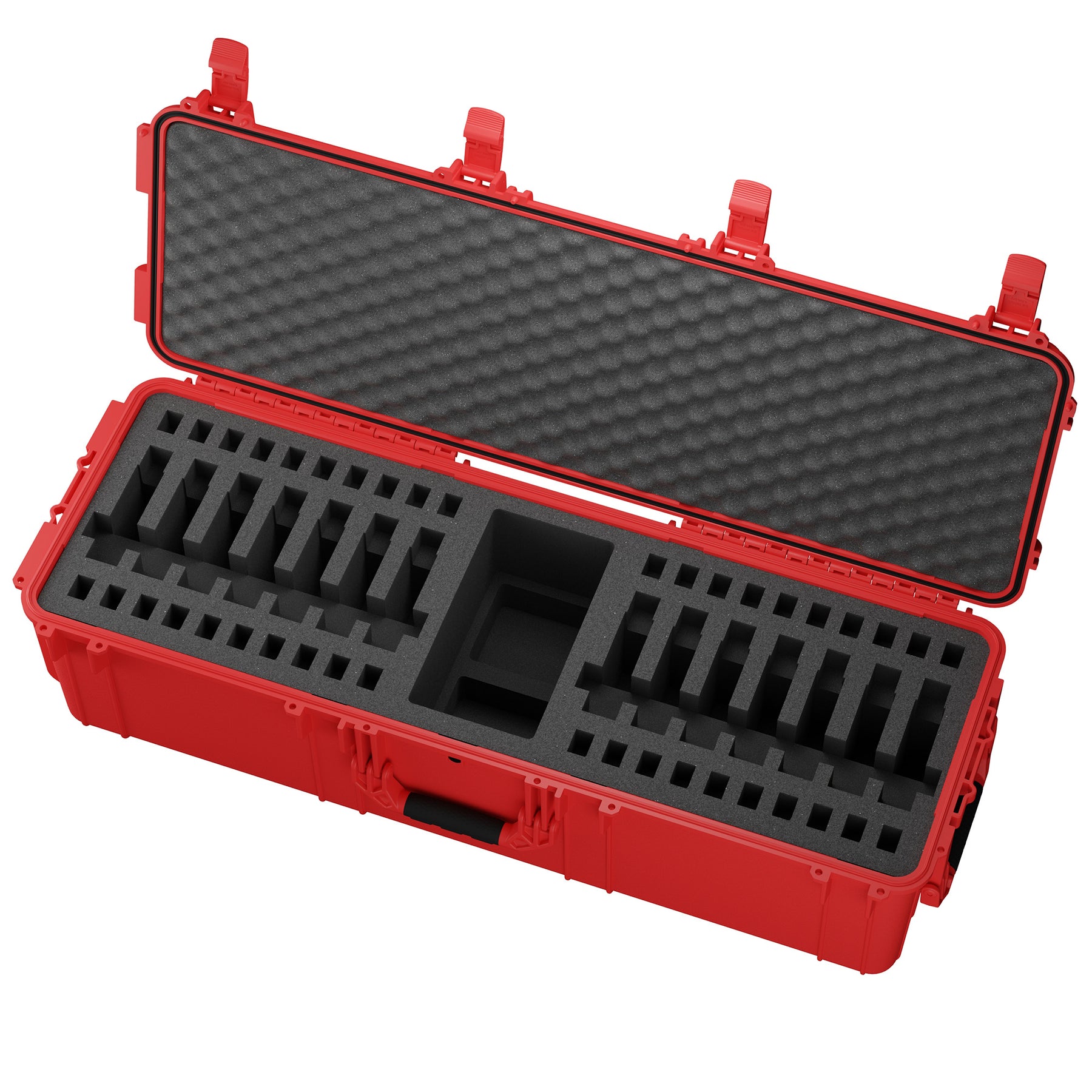 Red 45-inch pistol storage trunk with foam interior and adjustable compartments for organizing 14 pistols.