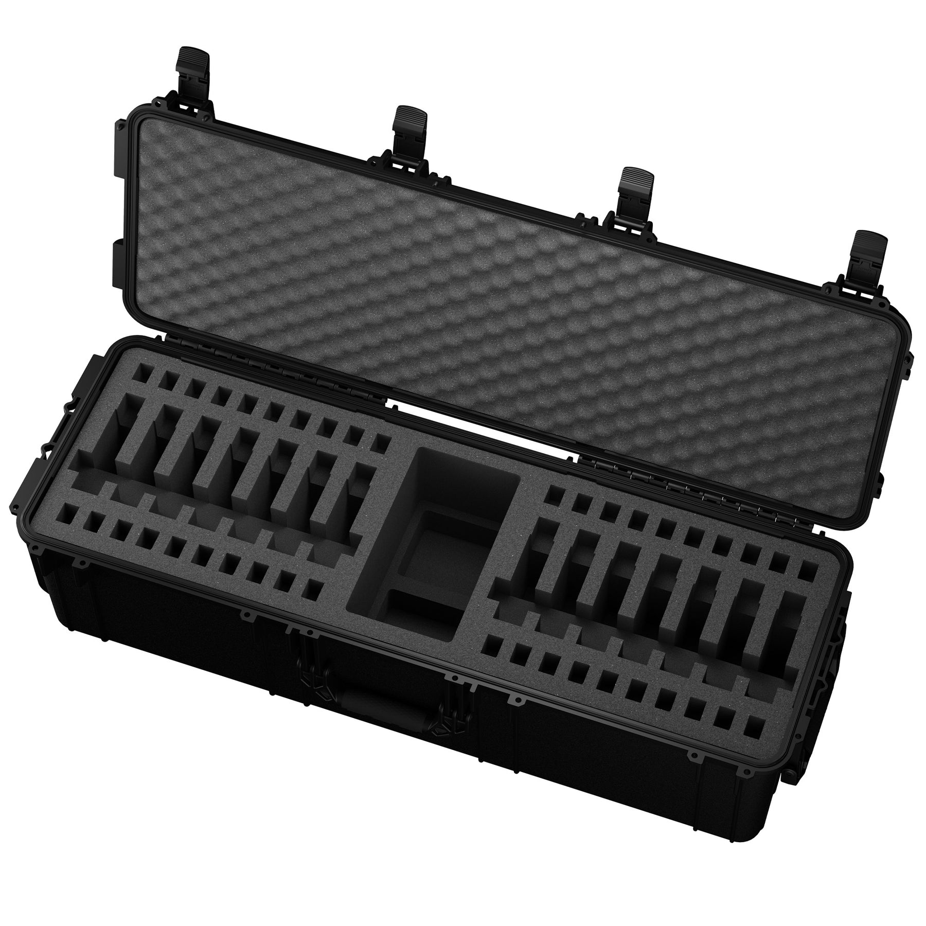 Open black 45-inch pistol trunk with foam interior compartments for 14 pistols, featuring adjustable slots and secure latches.