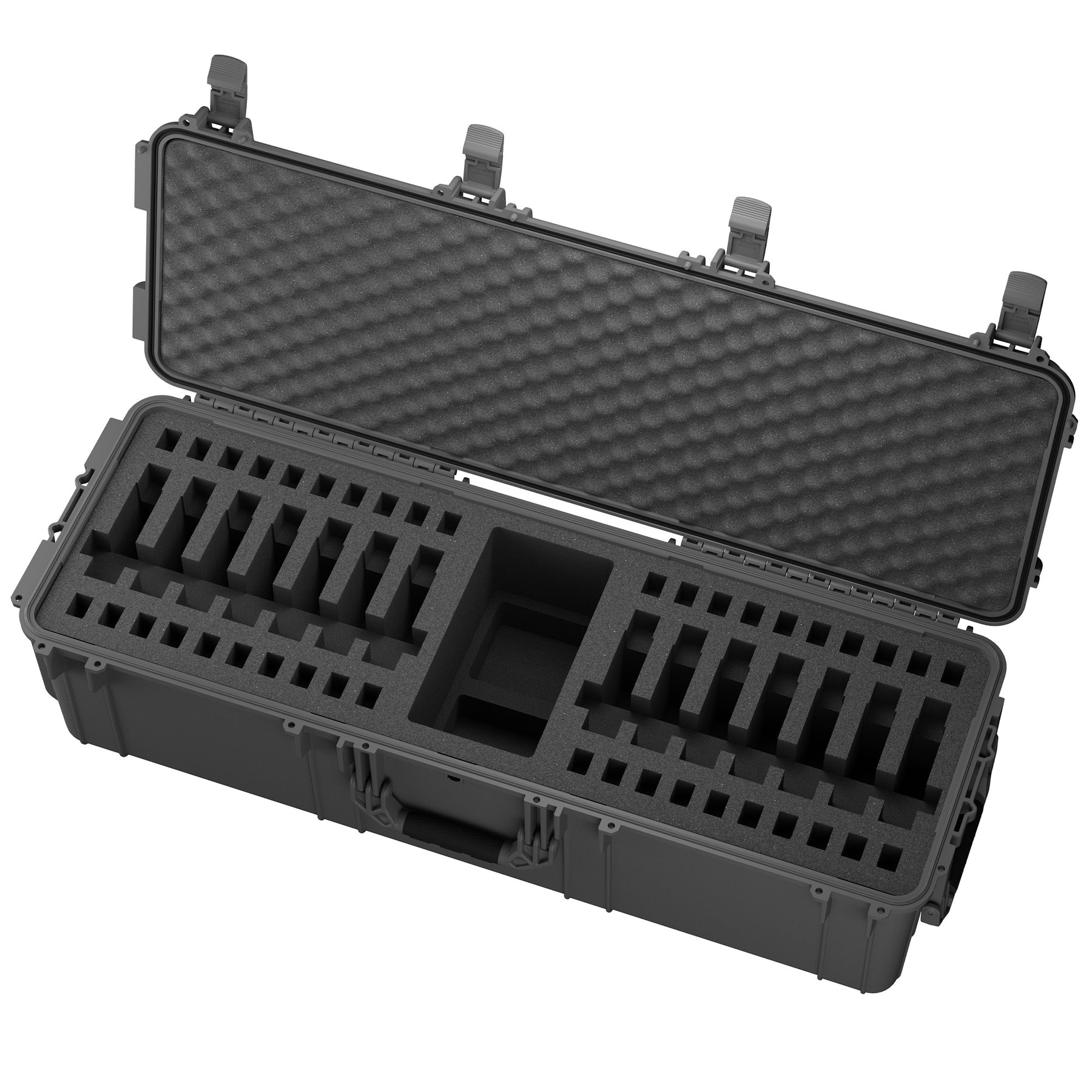 Hard black 45-inch pistol storage trunk with foam interior compartments for 14 pistols, lid with egg crate foam padding.