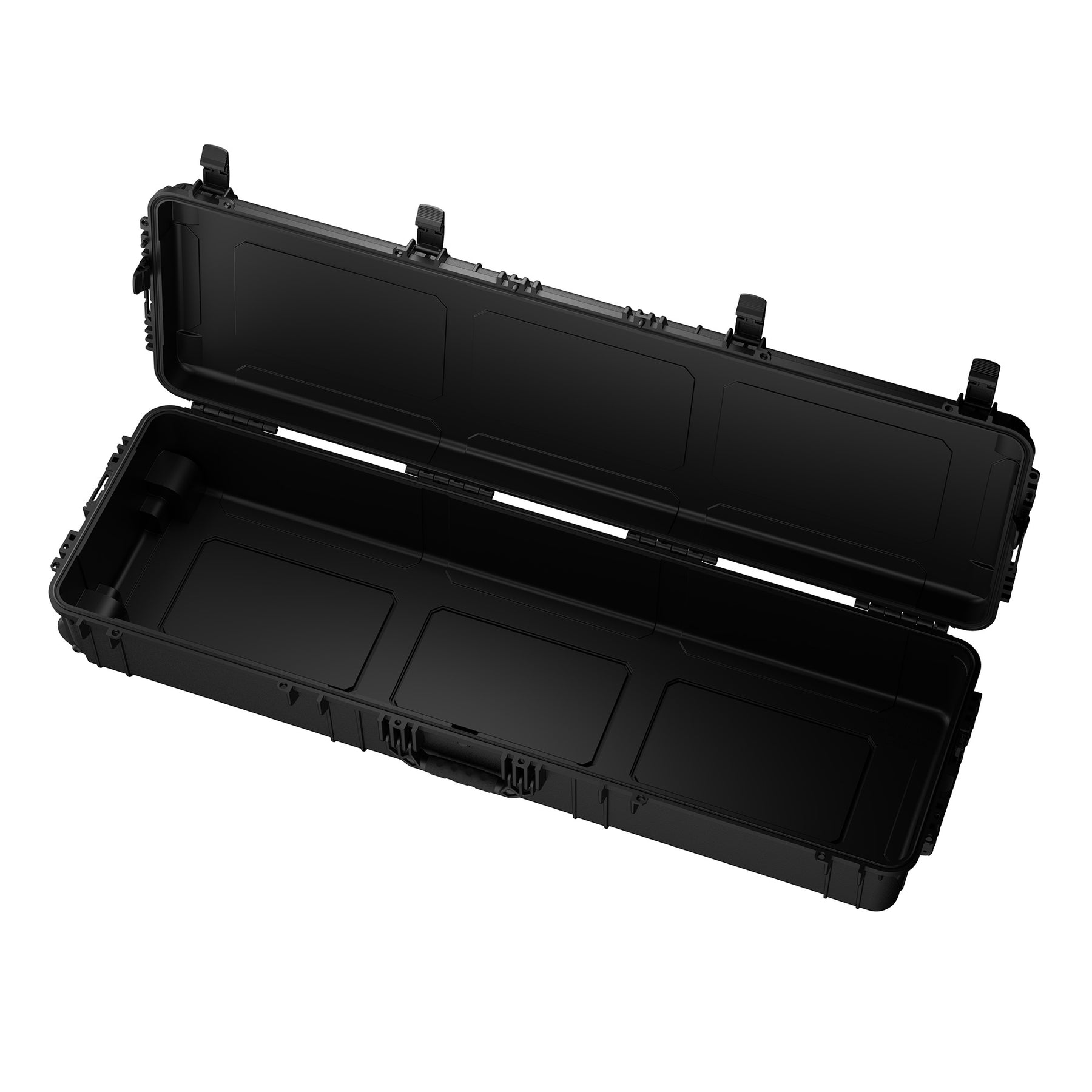 59-inch long hard case with a sturdy design, featuring an open interior and secure latches for protection and transport.