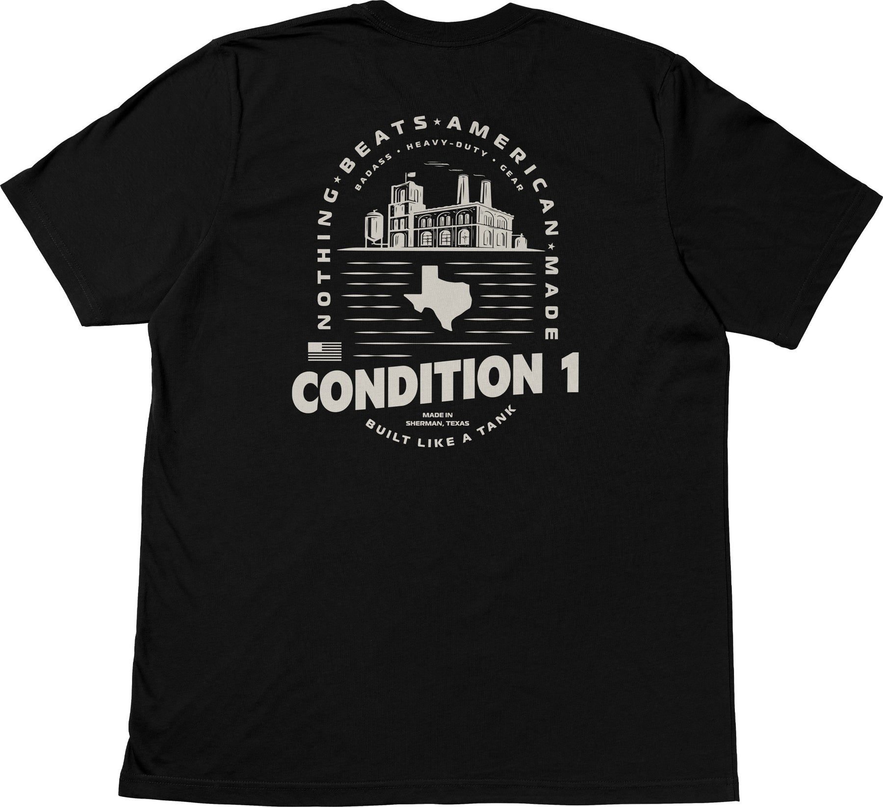 Black American-made T-shirt featuring a graphic of a factory, Texas outline, and text emphasizing quality and durability.