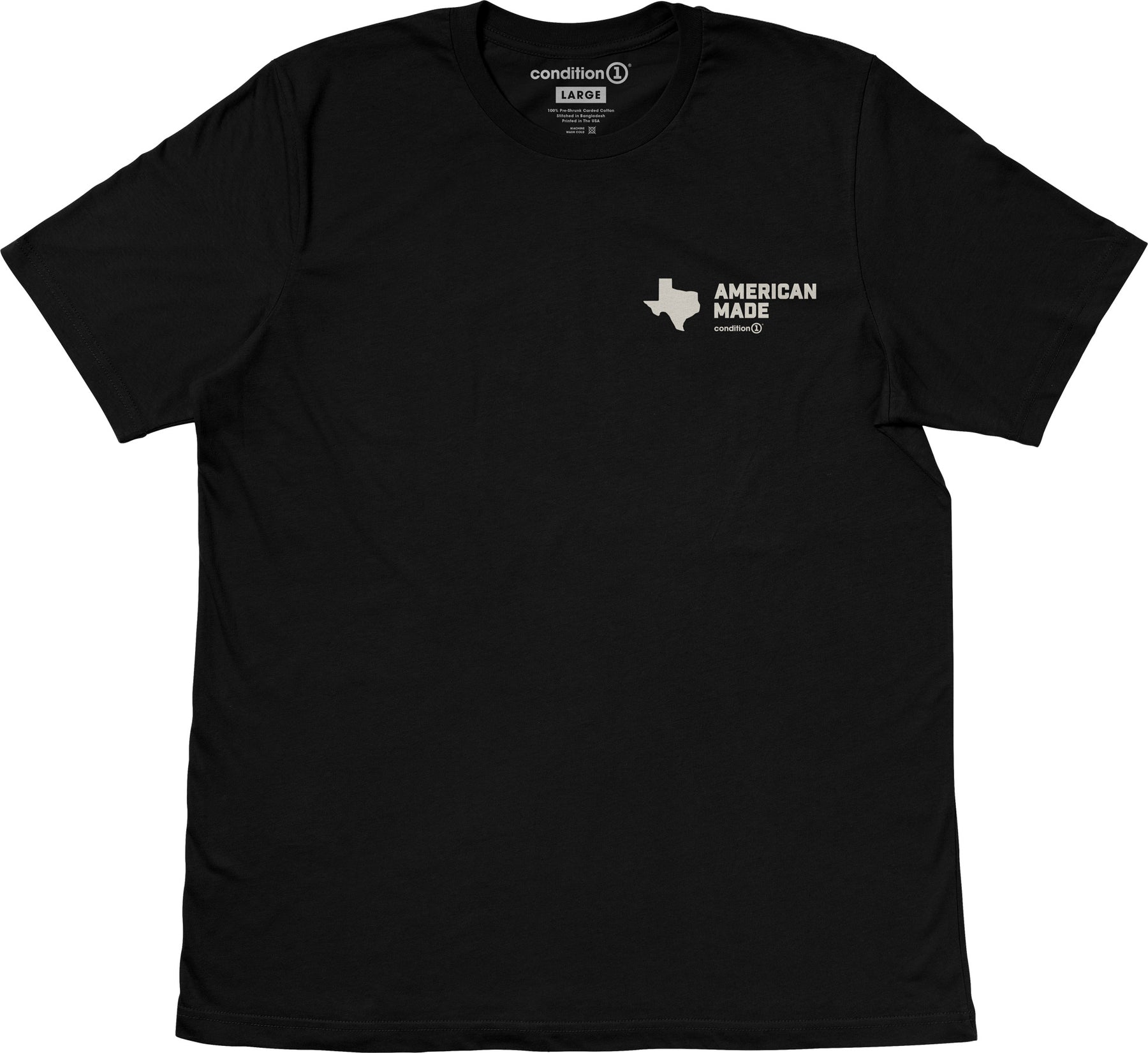 Black American-made T-shirt with a small graphic of Texas and "American Made" text on the front left chest area.