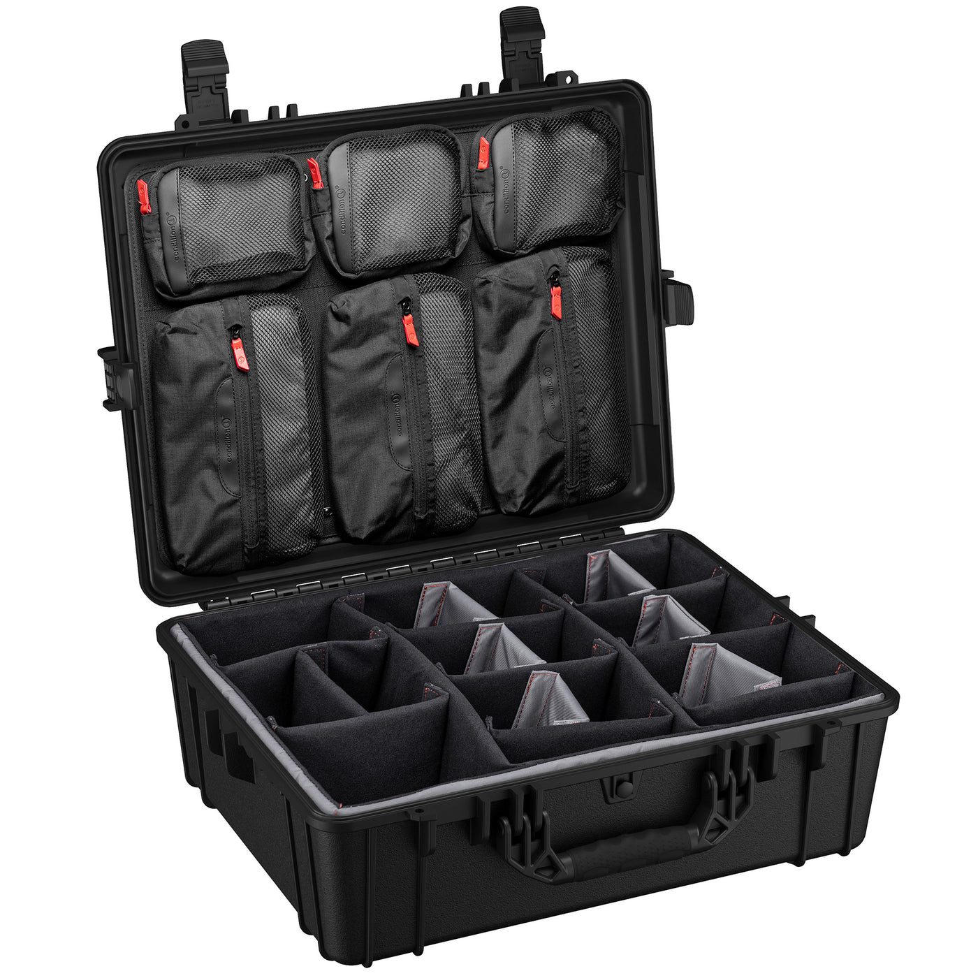 Large 25-inch waterproof hard case with customizable compartments and mesh pockets for secure storage of gear.