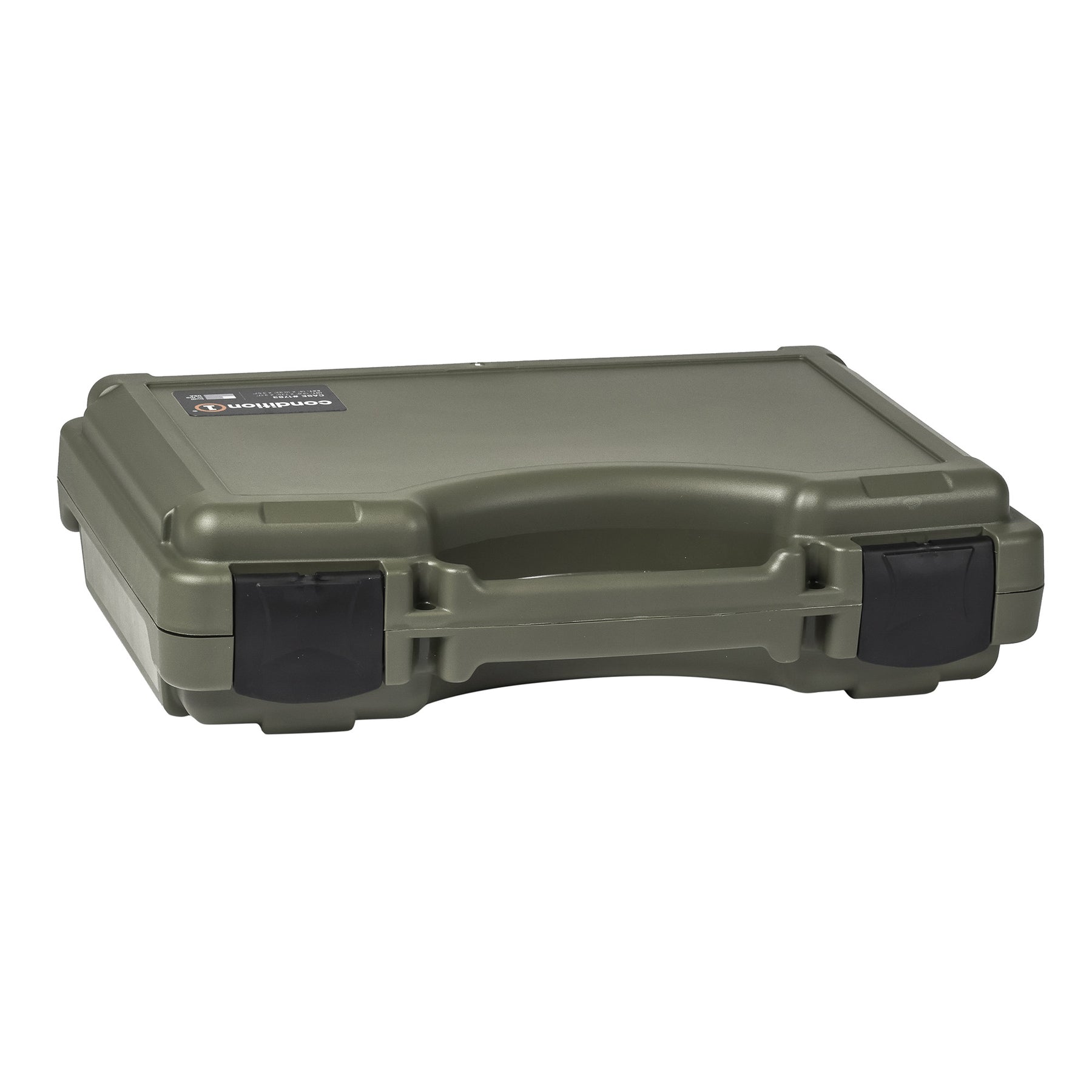 Olive green 14-inch economy hard case with black handles and latches, featuring a durable, impact-resistant exterior and reinforced corners, ideal for storing and protecting equipment.