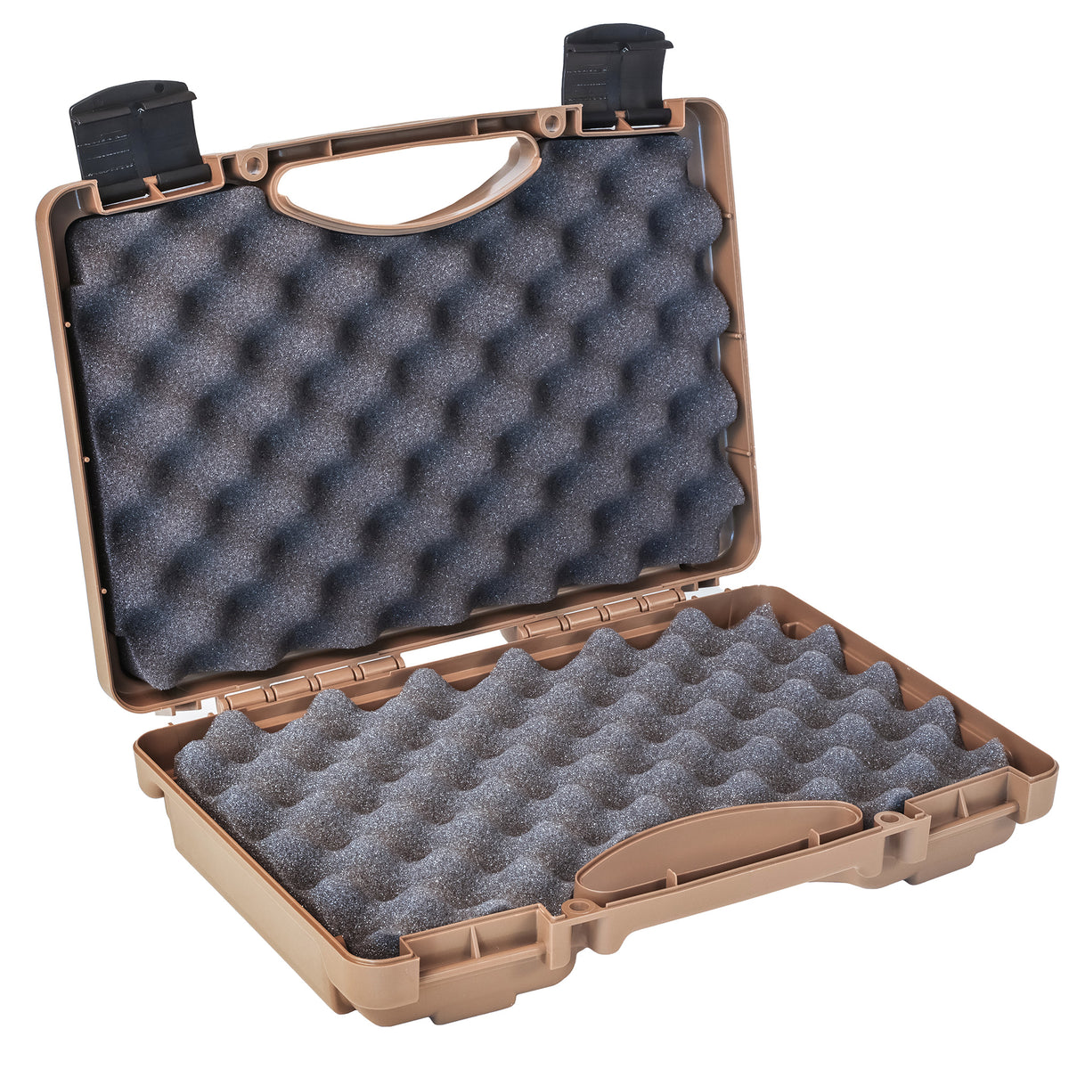Alt text: "Open 17-inch Economy Case model #1764 featuring egg-crate foam interior with a tan-colored durable exterior and two black latches, designed for protecting delicate equipment."