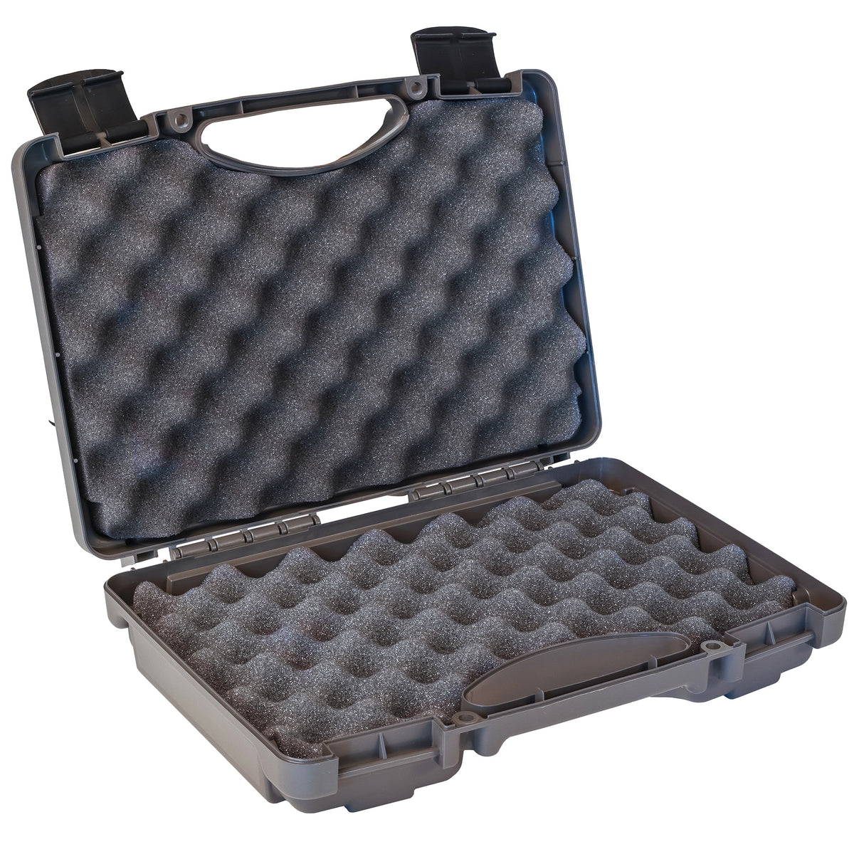 Alt text: "Open 17-inch Economy Case #1764, showing protective foam inserts on both halves of the case, ideal for securing and cushioning equipment during transport."