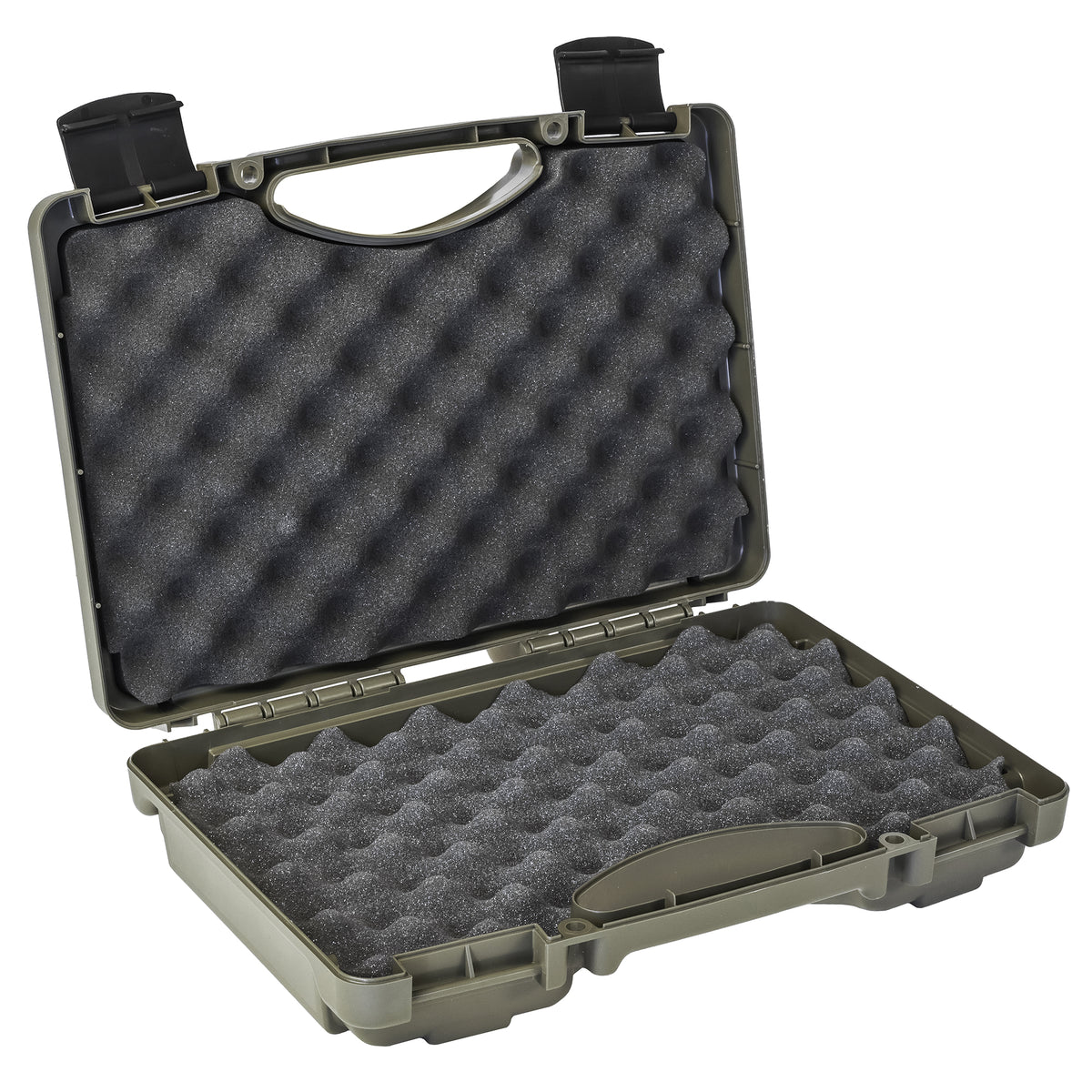 Alt text: "Open 17-inch Economy Case model #1764 featuring foam inserts for protection, with a durable green plastic exterior and sturdy handle."