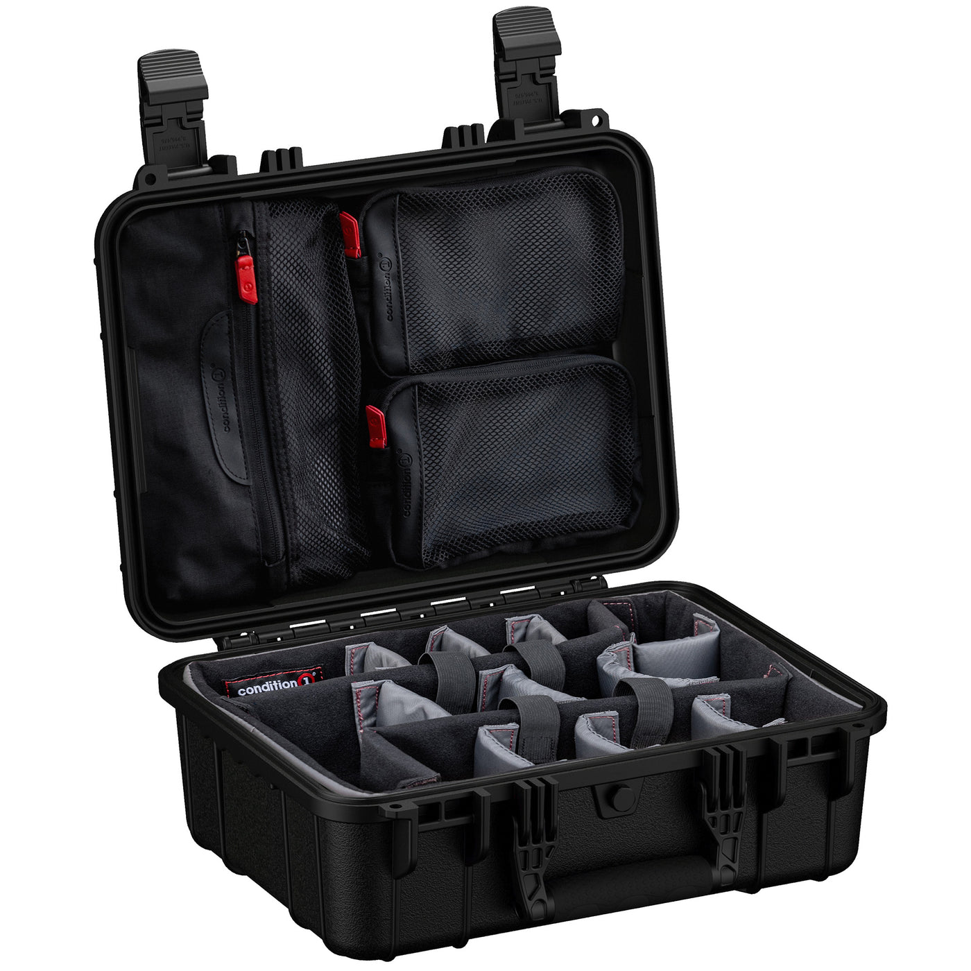 Alt text: "Condition 1 brand black protective hard case, 16 inches in size, opened to display customizable padded dividers and zippered mesh pouches on the inner lid, designed for secure equipment storage."
