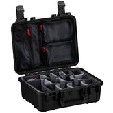 Alt text: "Condition 1 brand black protective hard case, 16 inches in size, opened to display customizable padded dividers and zippered mesh pouches on the inner lid, designed for secure equipment storage."