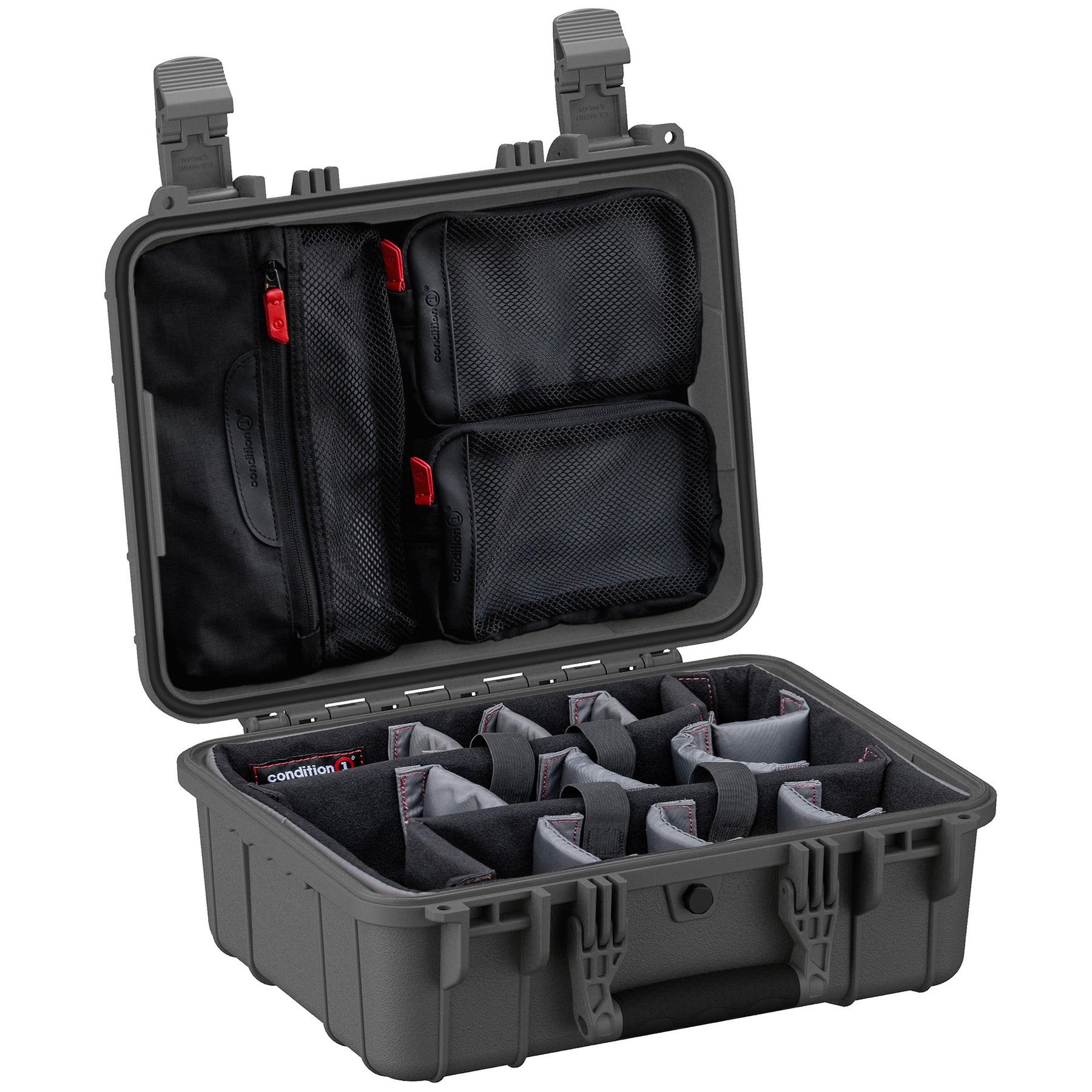 Alt text: Open 16-inch medium-sized protective case with customizable foam inserts and mesh pockets inside the lid, featuring rugged handles and secure latches, ideal for organizing and safeguarding equipment.