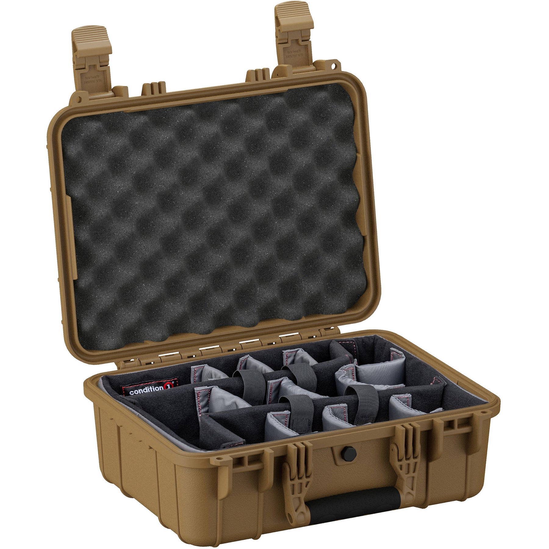 Alt text: "16-inch medium-sized rugged tan case opened to display its customizable foam dividers and egg-crate foam lid, designed by Condition 1, for organizing and protecting equipment."