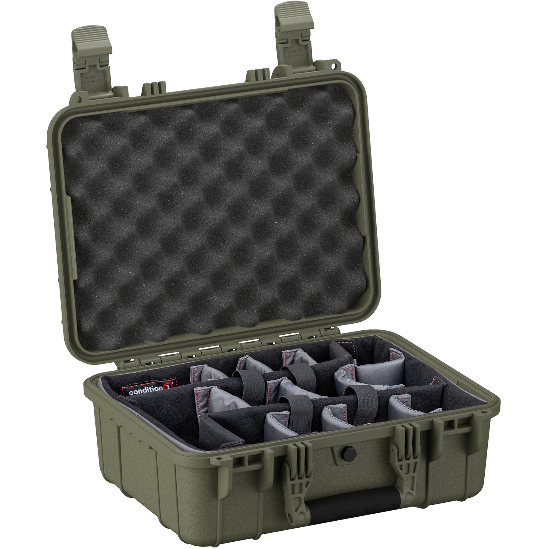Alt text: "16 inch medium olive green hard case with customizable foam inserts, open to display padded compartments ideal for secure storage and transportation, featuring rugged clasps and handle."