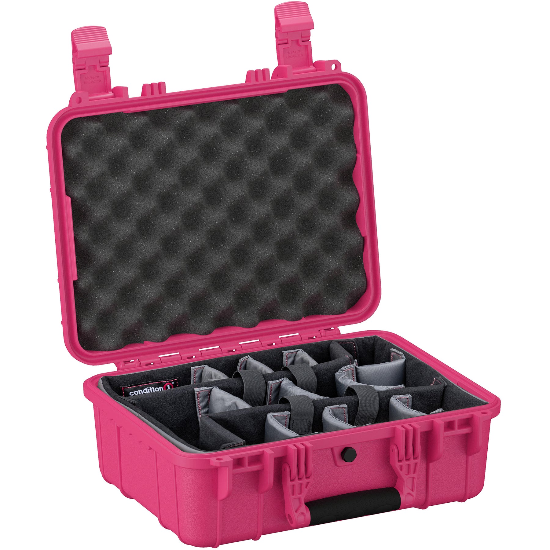 Alt text: Open pink hard case with customizable grey foam dividers inside, ideal for storing and protecting equipment, with foam-lined lid and durable latches visible, labeled as Condition 1.