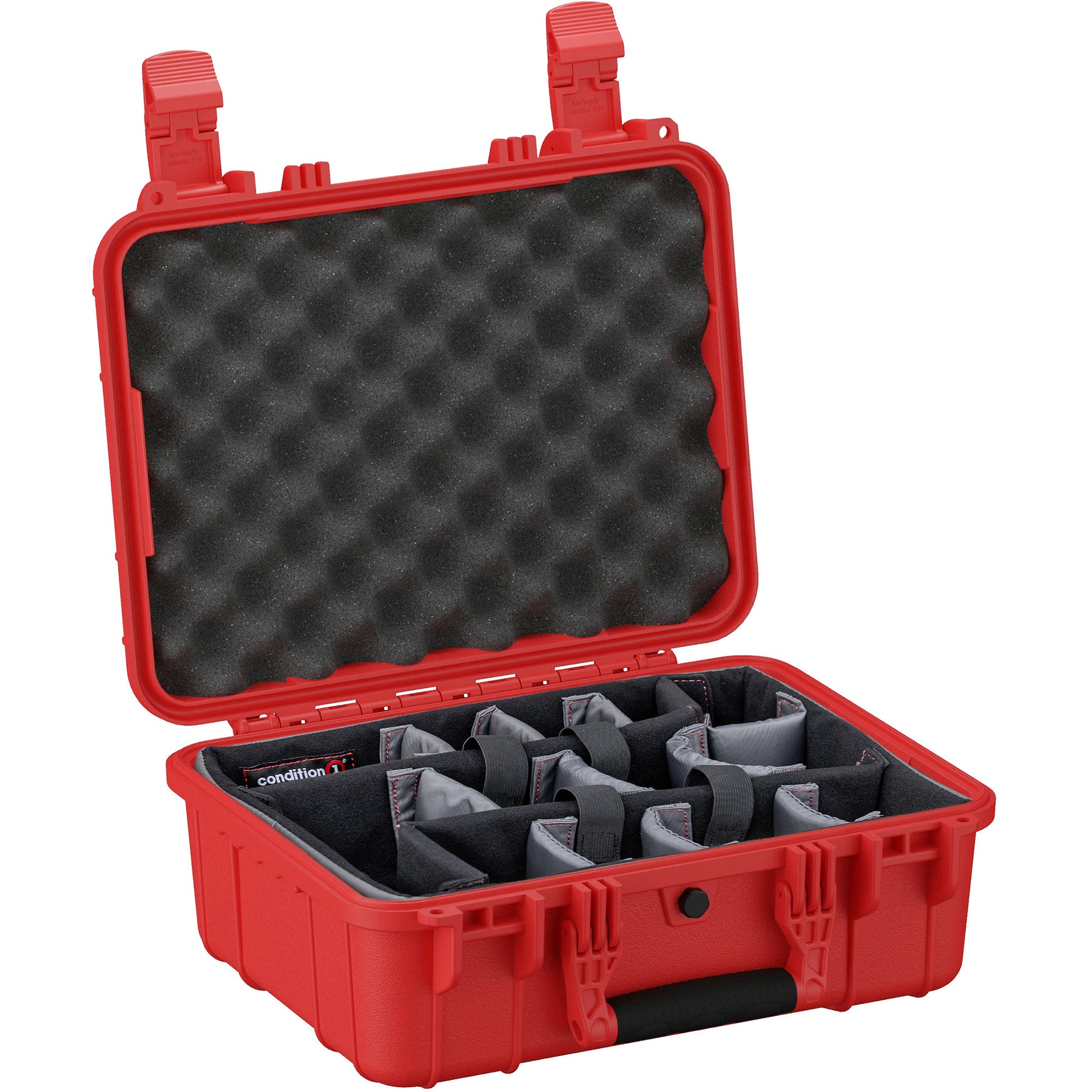 Red 16-inch hard protective case open showing adjustable padded dividers and convoluted foam lid, ideal for storing delicate equipment safely.